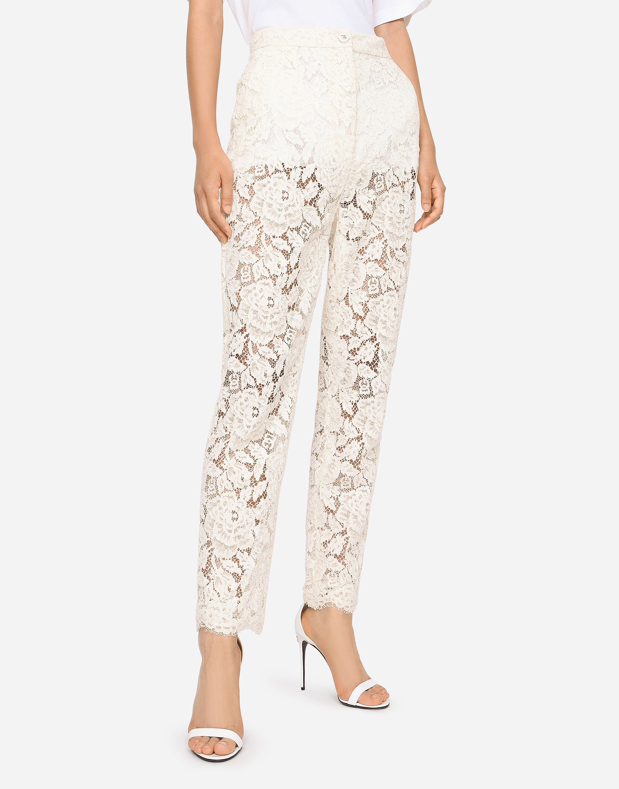 Shop Dolce & Gabbana Branded Stretch Lace Pants In White