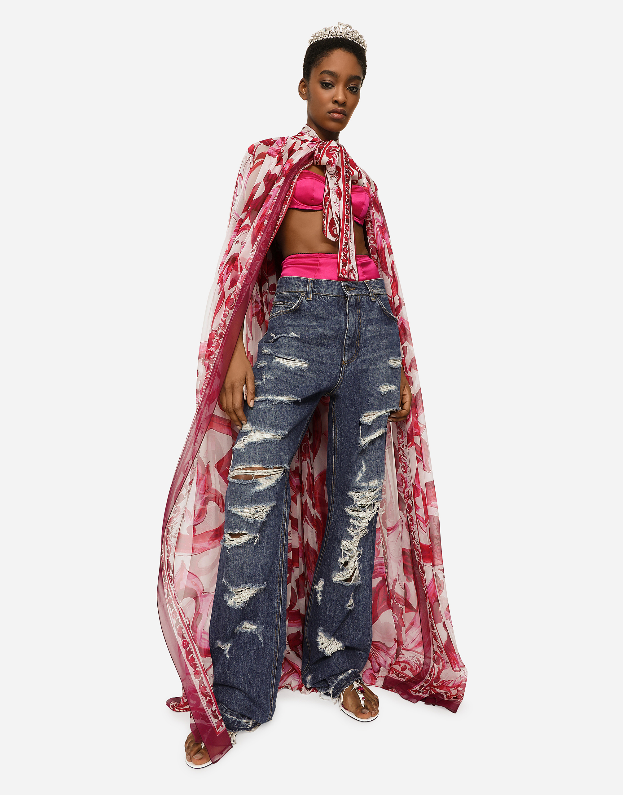 DOLCE & GABBANA MAJOLICA-PRINT CHIFFON CAPE