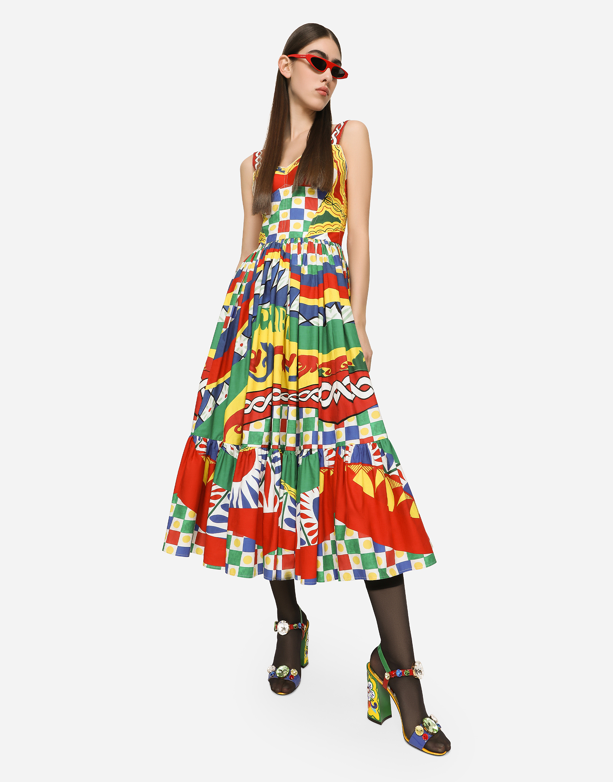 DOLCE & GABBANA CALF-LENGTH BUSTIER DRESS IN CARRETTO-PRINT POPLIN