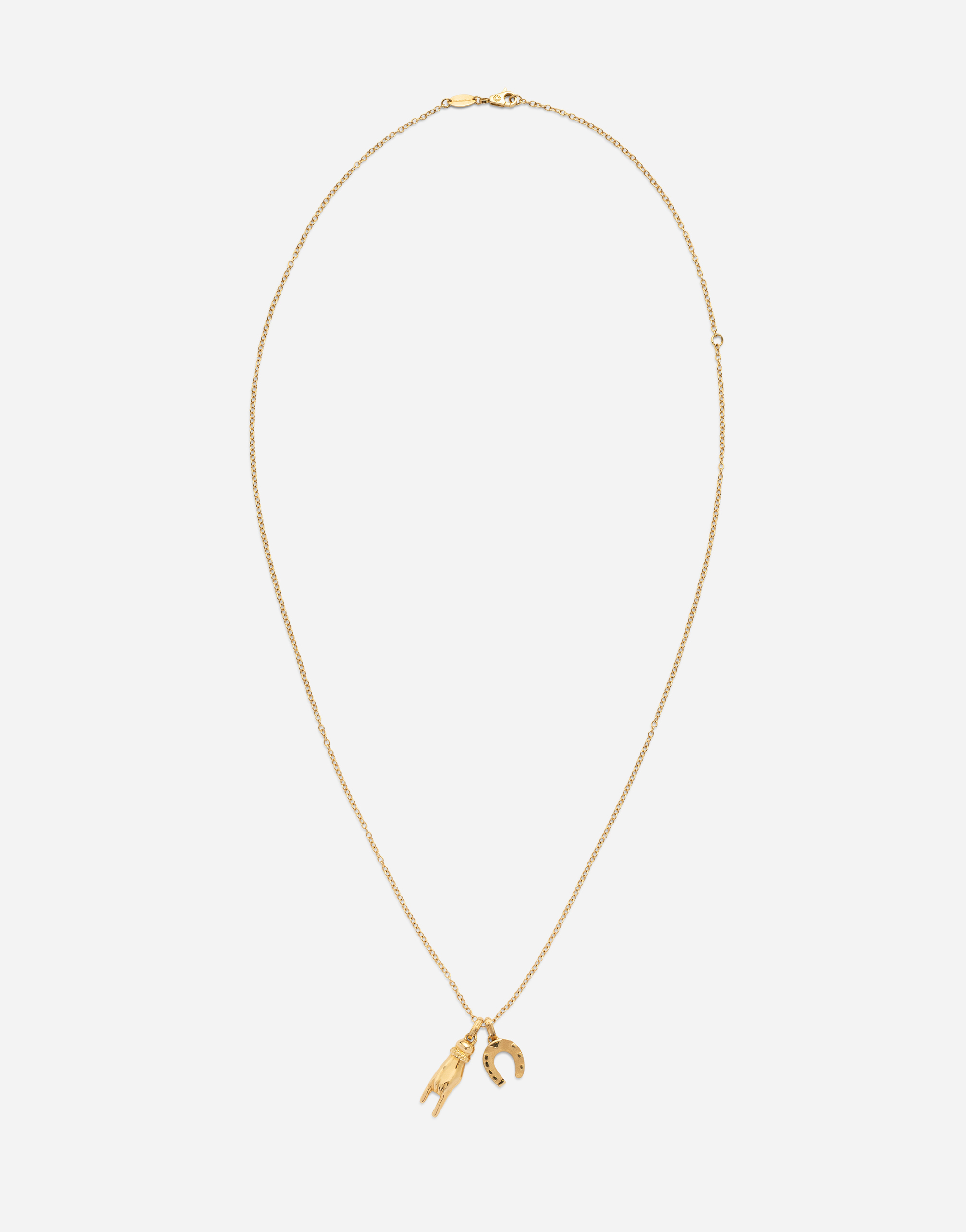 Dolce & Gabbana Good Luck Hand With Horn And Horseshoe Pendants On Yellow Gold Chain Gold Male Onesize