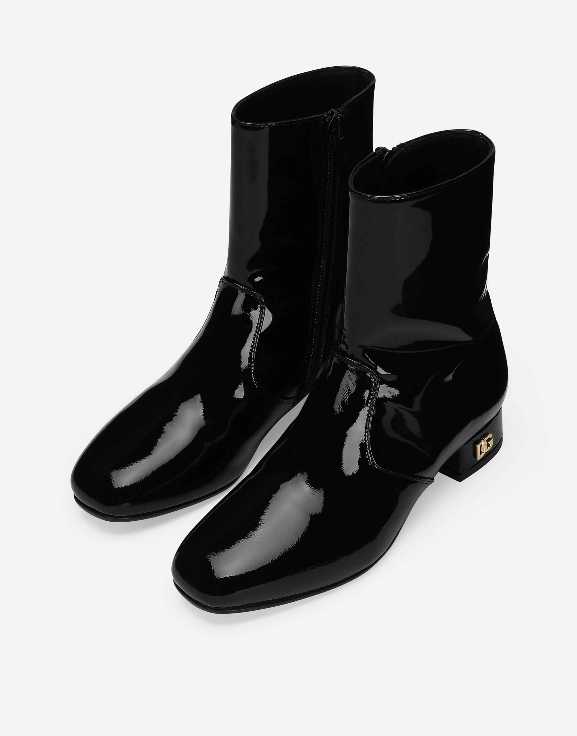 Dolce & Gabbana Patent Leather Ankle Boots With Branded Heel In Black