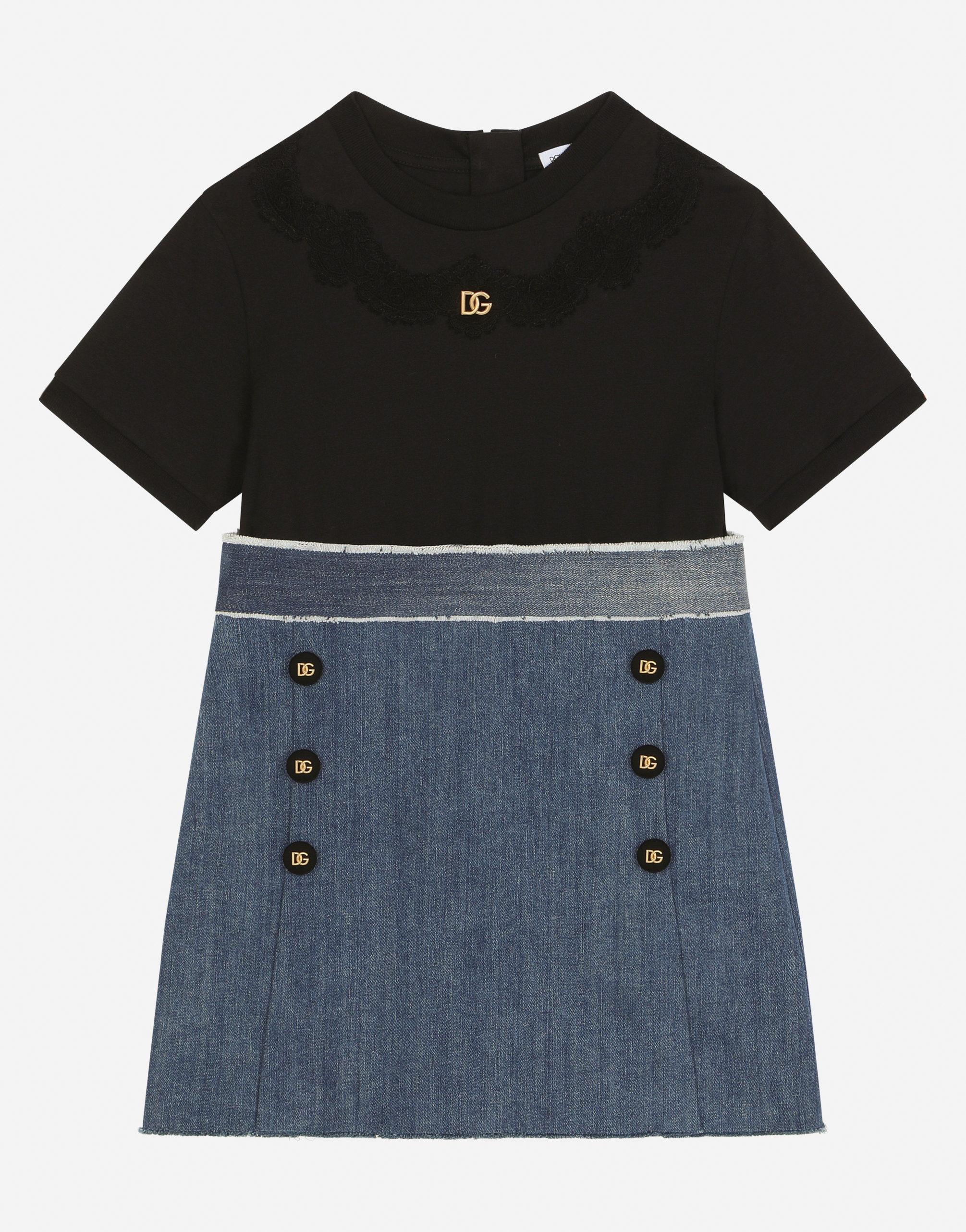 Dolce & Gabbana Kids' Stretch Denim And Jersey Dress With Dg Logo In Multicolor