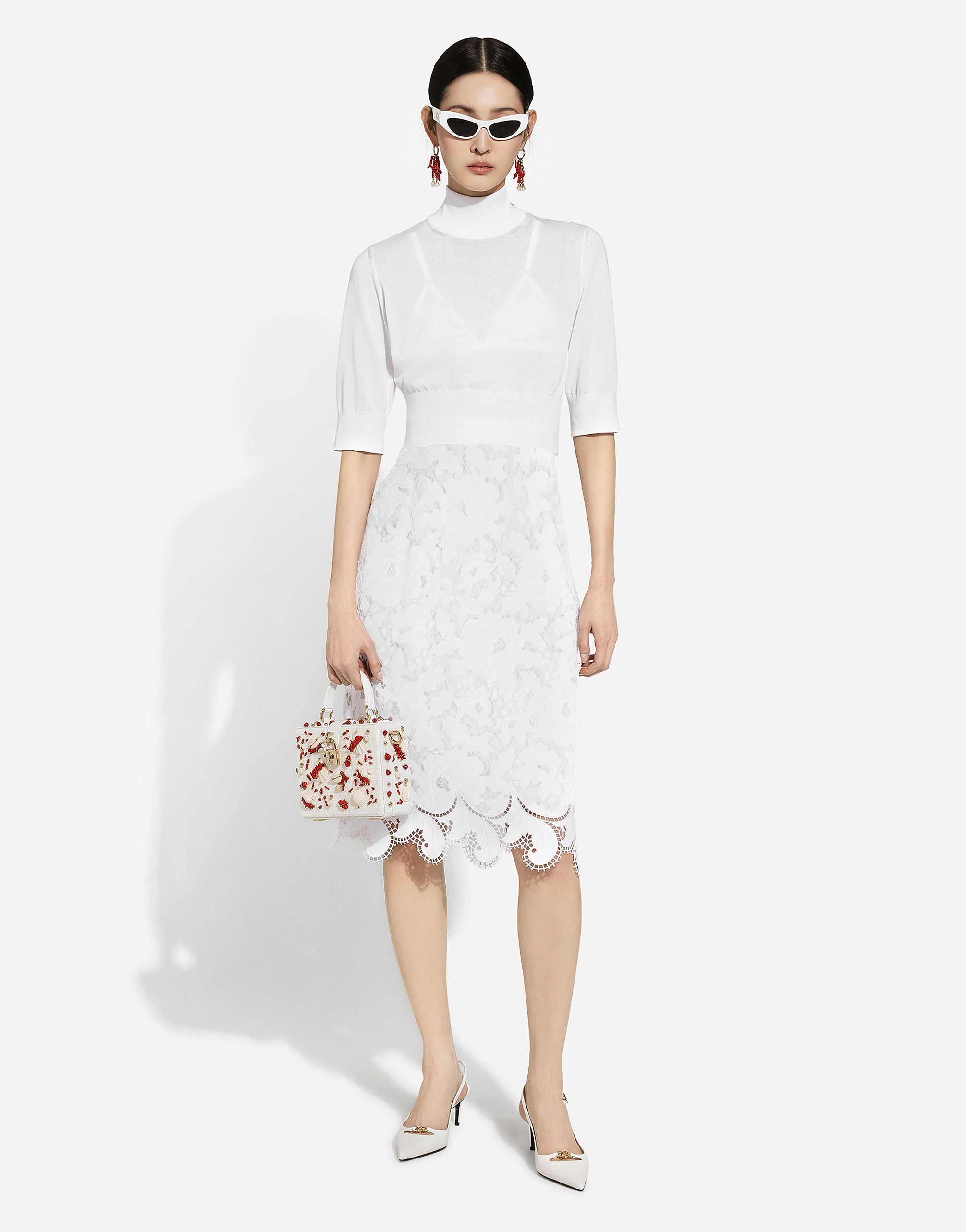 Dolce & Gabbana Cotton Midi Skirt With Floral Openwork Detailing In ホワイト