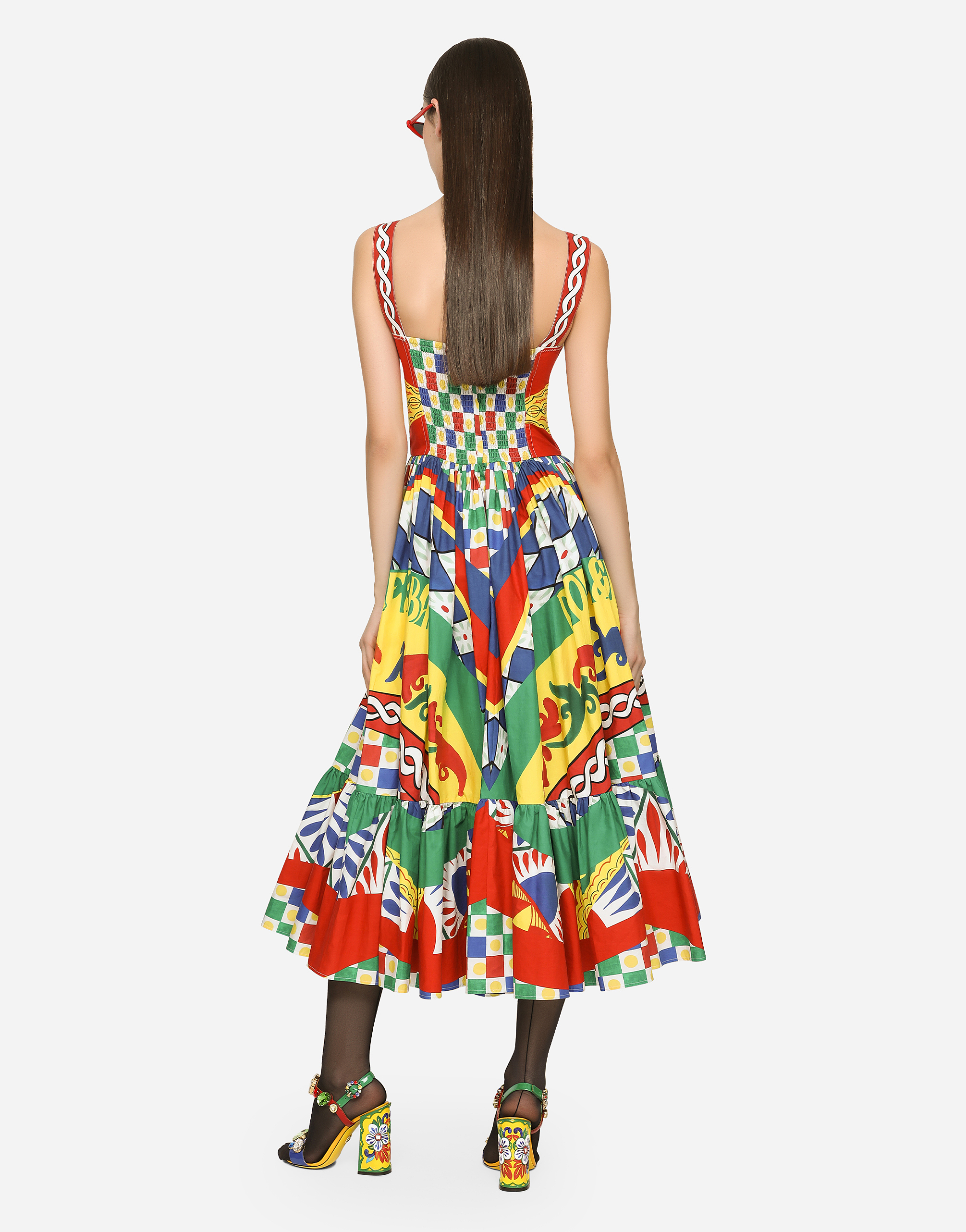DOLCE & GABBANA CALF-LENGTH BUSTIER DRESS IN CARRETTO-PRINT POPLIN