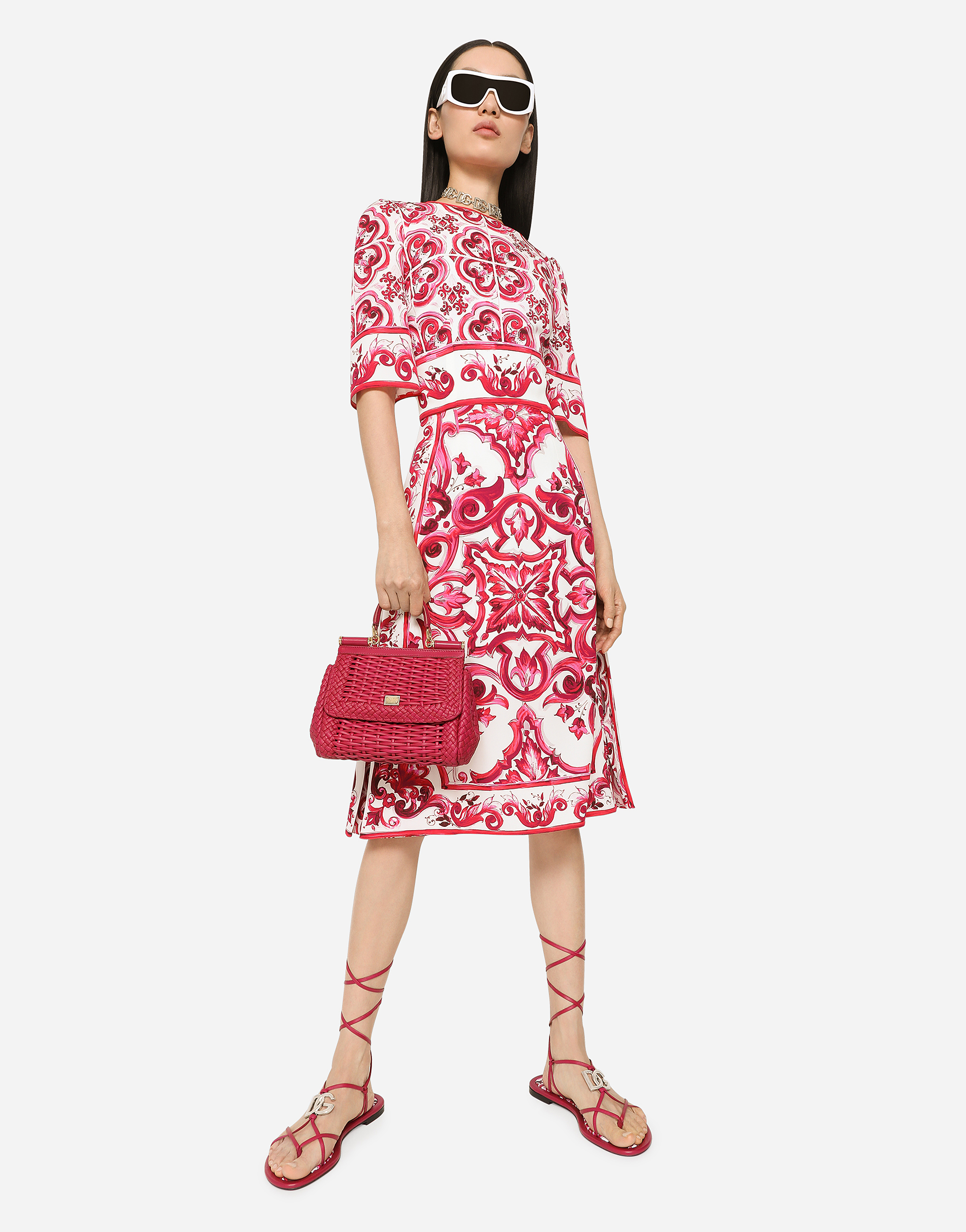 DOLCE & GABBANA MAJOLICA-PRINT CHARMEUSE MIDI DRESS