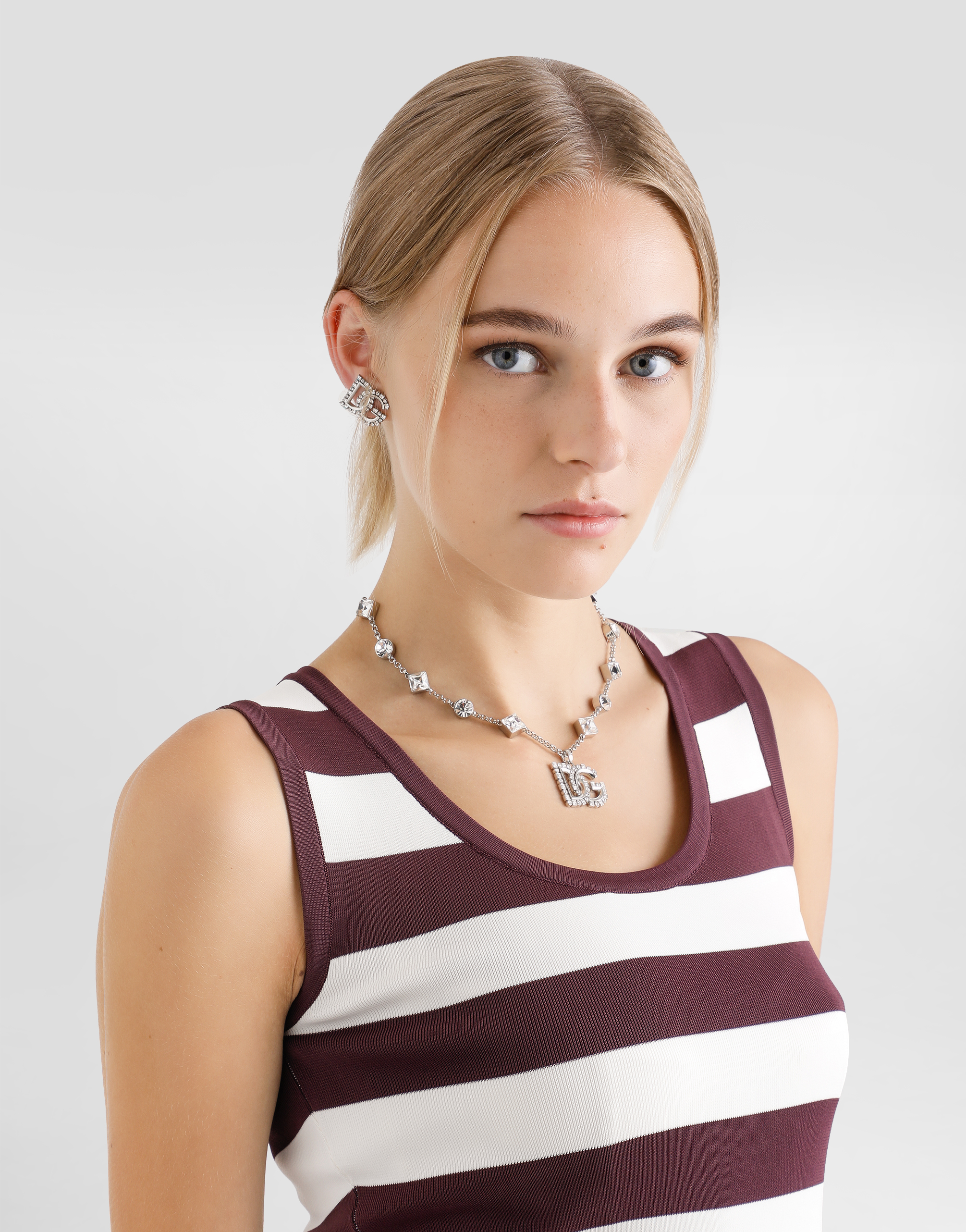 Dolce & Gabbana Fine Link Necklace With Rhinestone-detailed Dg Logo And Accents In Silver