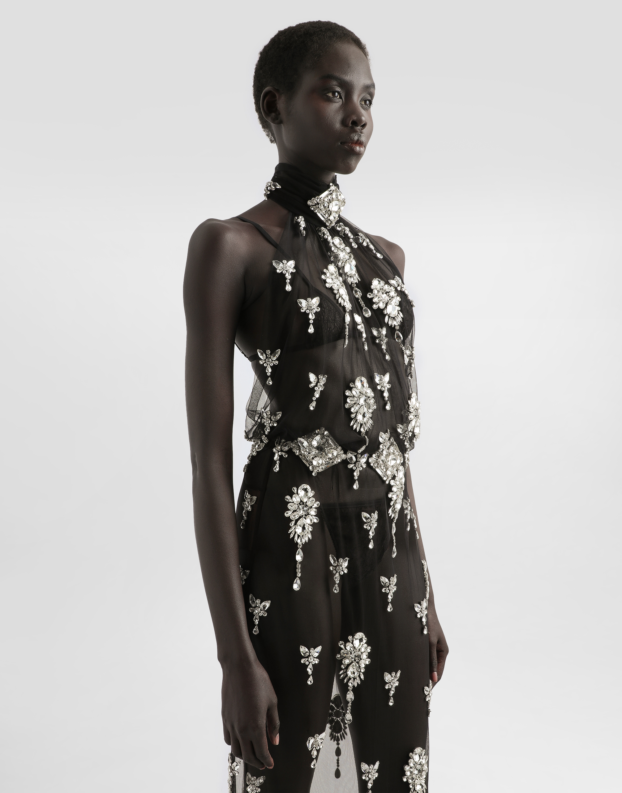 Long dress in tulle embroidered with rhinestones