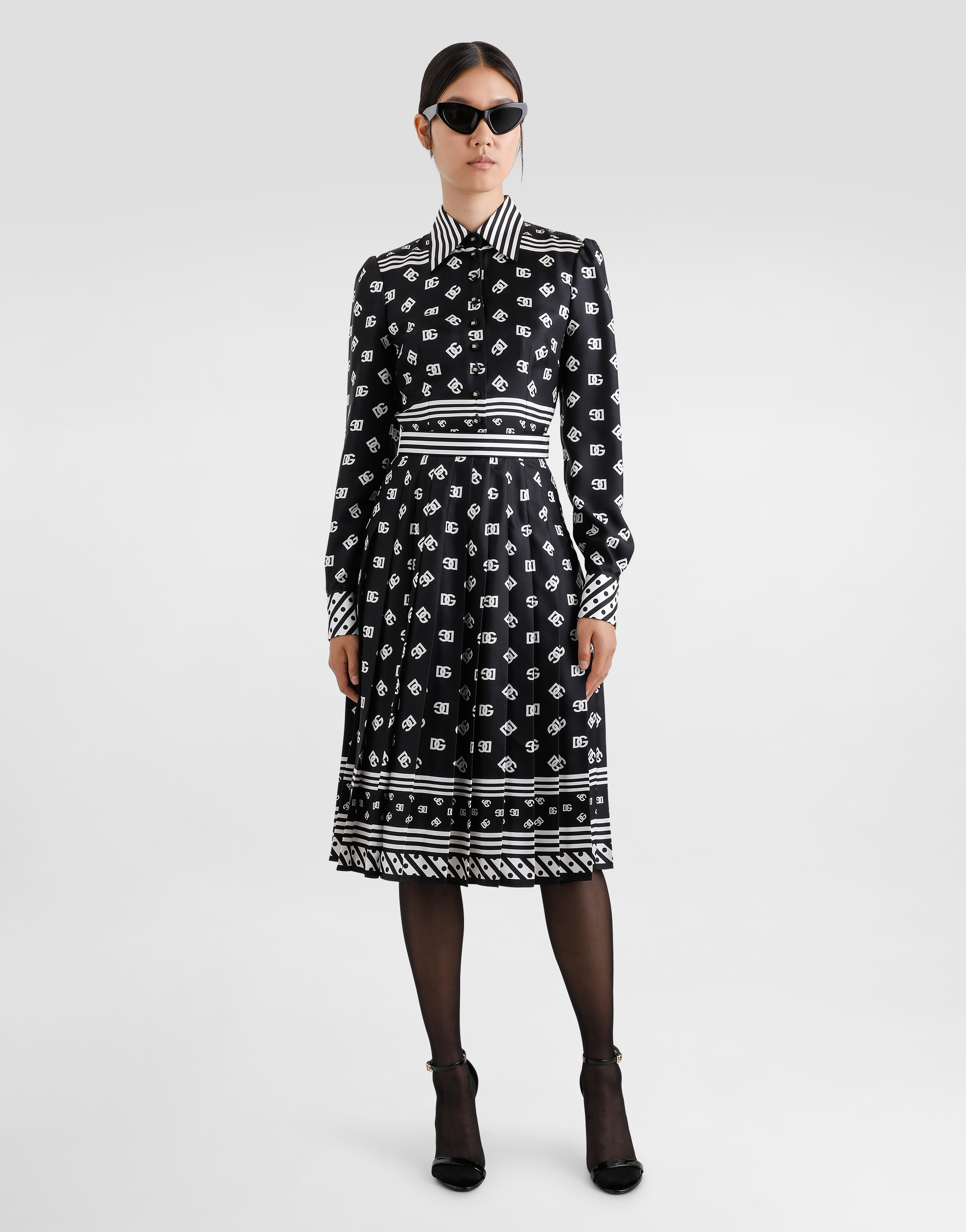 Dolce & Gabbana Twill Calf-length Shirt Dress With All-over Dg Logo Scarf Print In Black