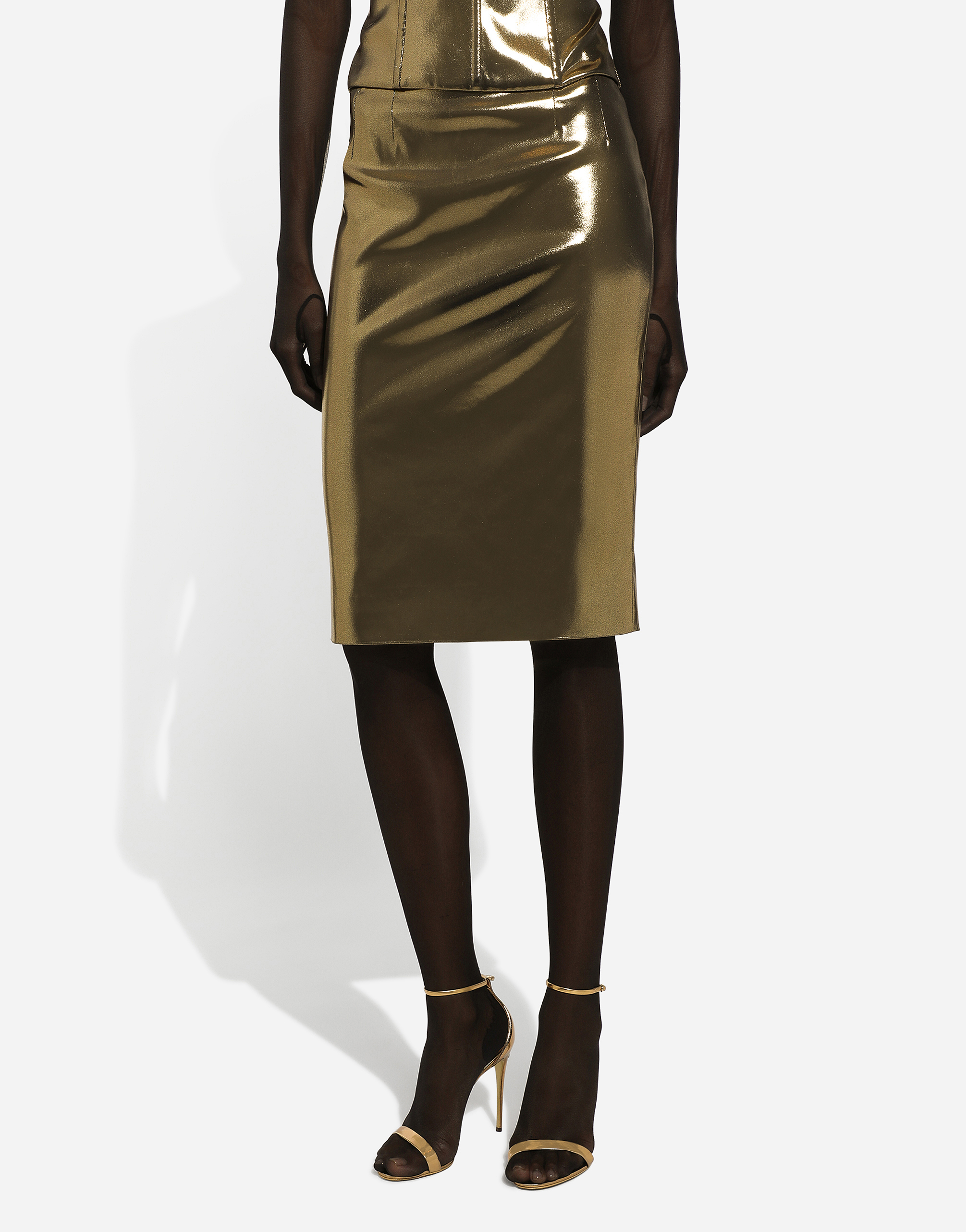Shop Dolce & Gabbana Foiled Satin Calf-length Skirt In Gold
