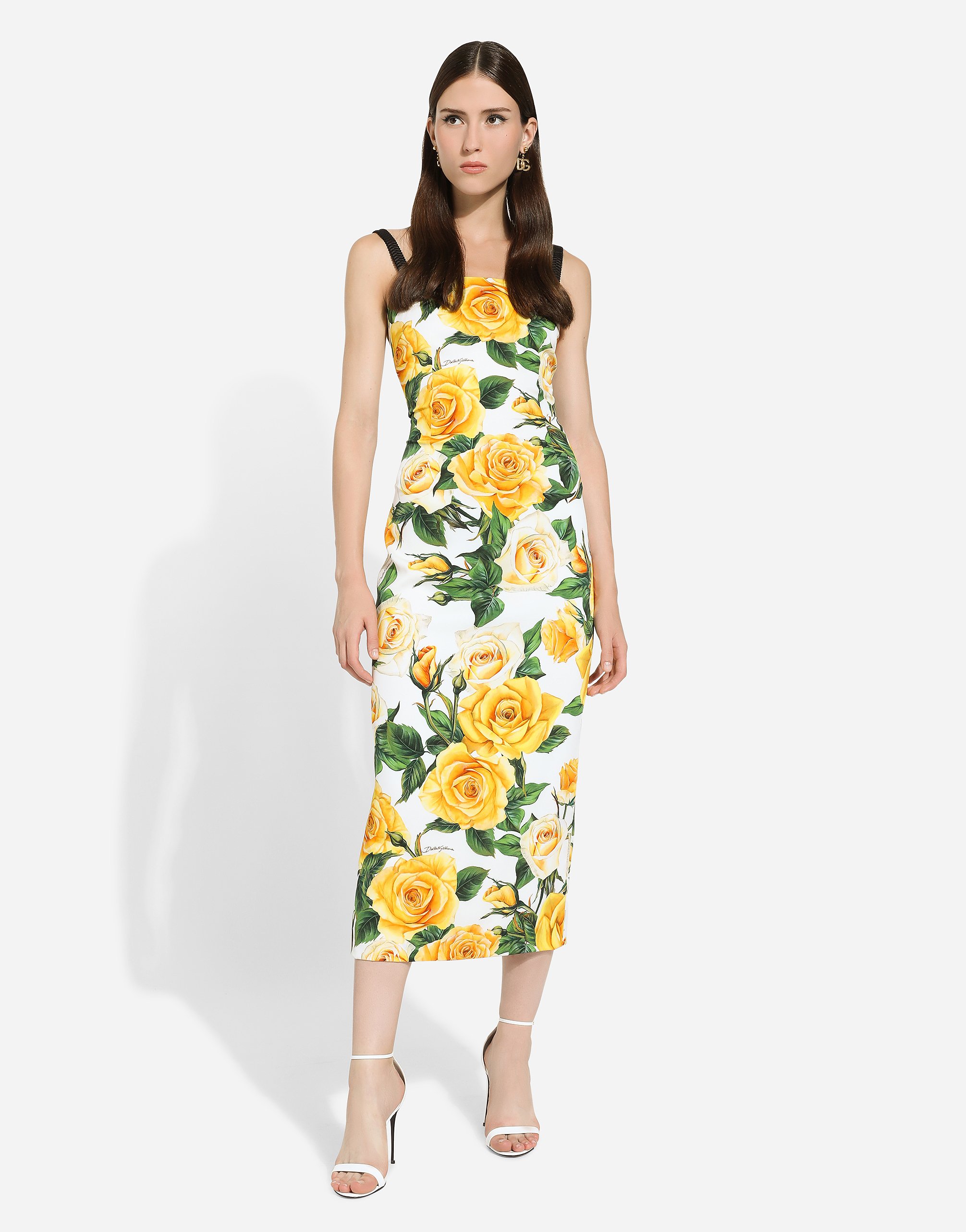 Shop Dolce & Gabbana Draped Charmeuse Dress With Yellow Rose Print