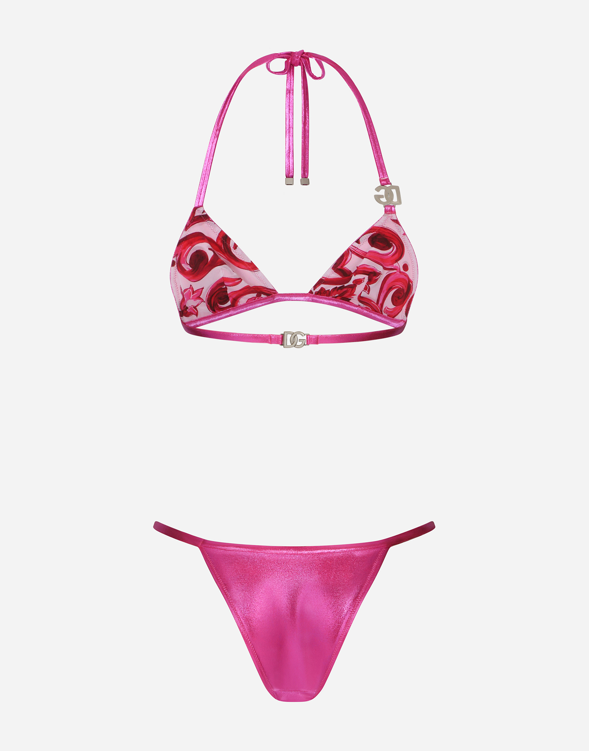 Shop Dolce & Gabbana Laminated Triangle Bikini Top With Dg Logo In Pink