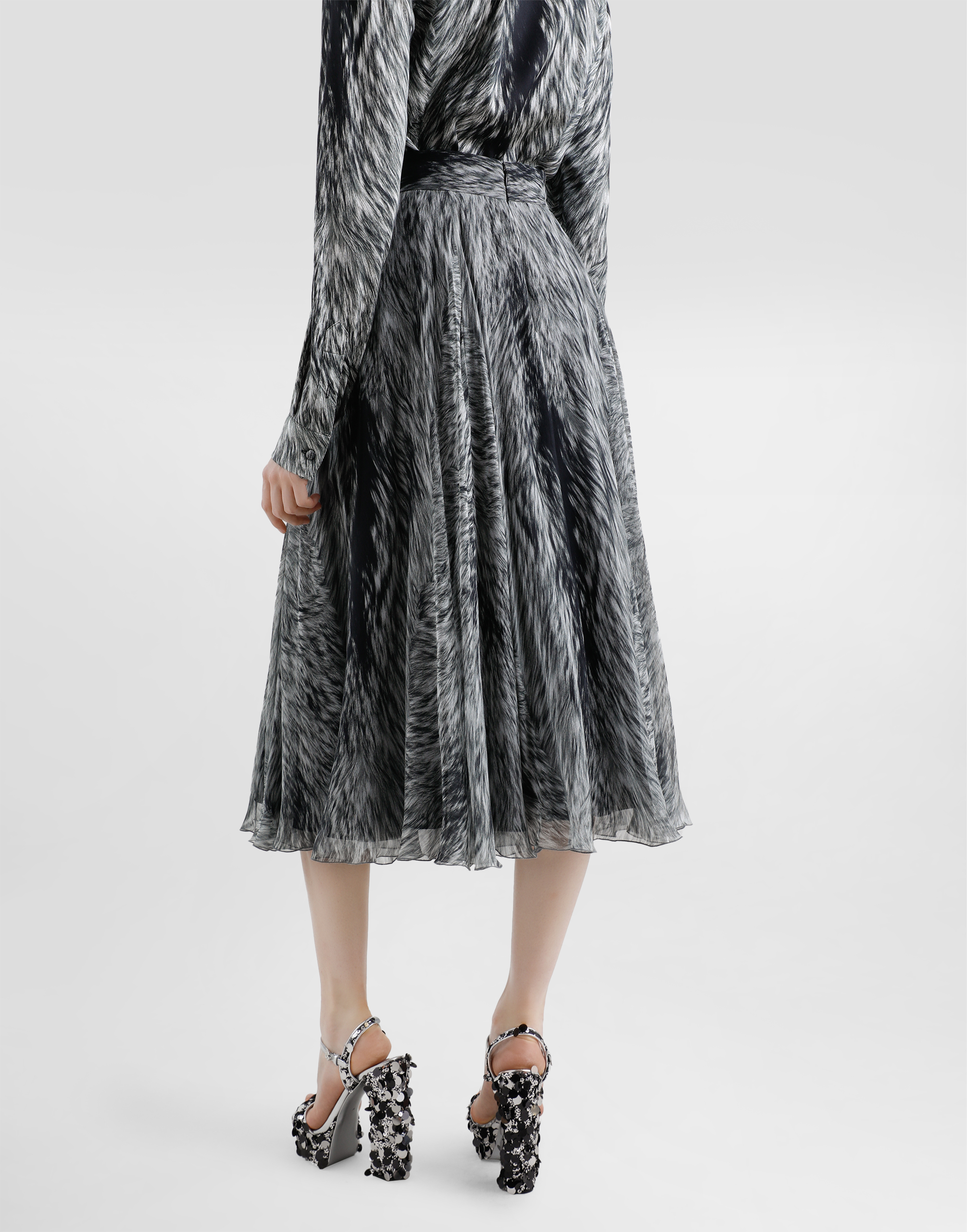 Dolce & Gabbana Chiffon Calf-length Circle Skirt With Fur Print In Grey