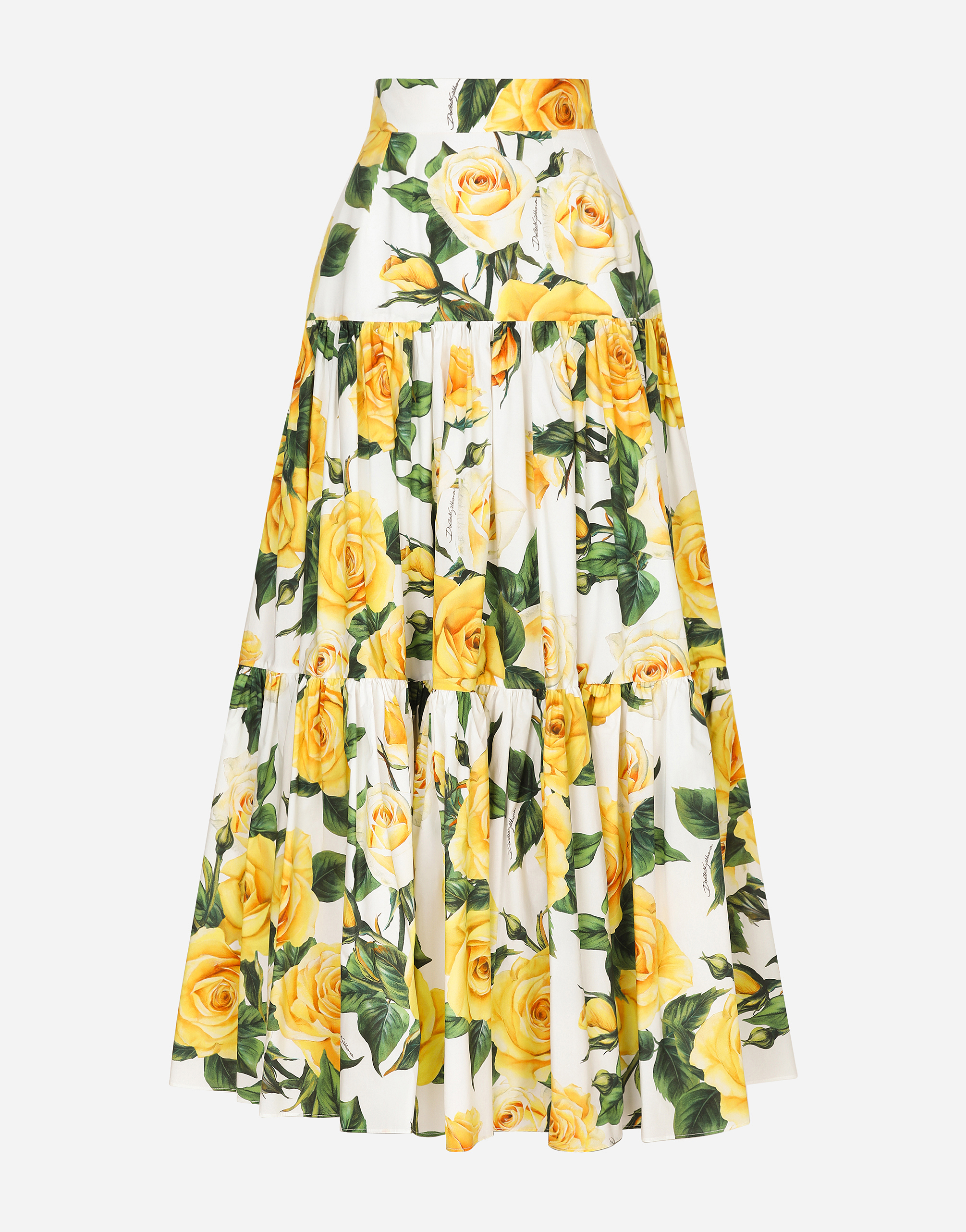 Shop Dolce & Gabbana Long Ruffled Skirt In Yellow Rose-print Cotton