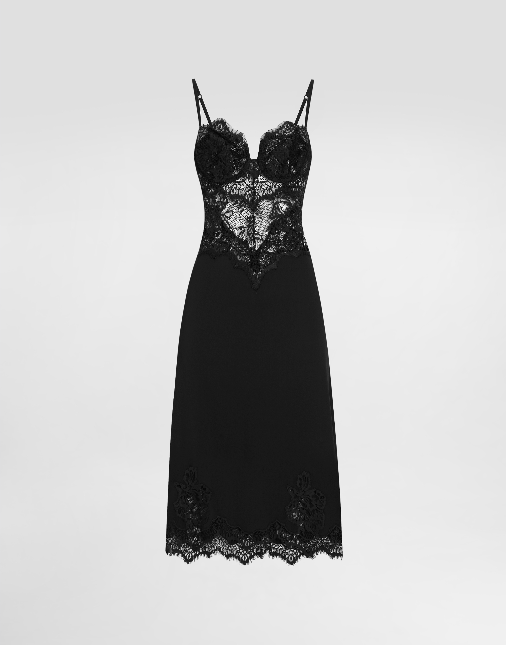 Lace and charmeuse calf-length slip dress in Black for Women