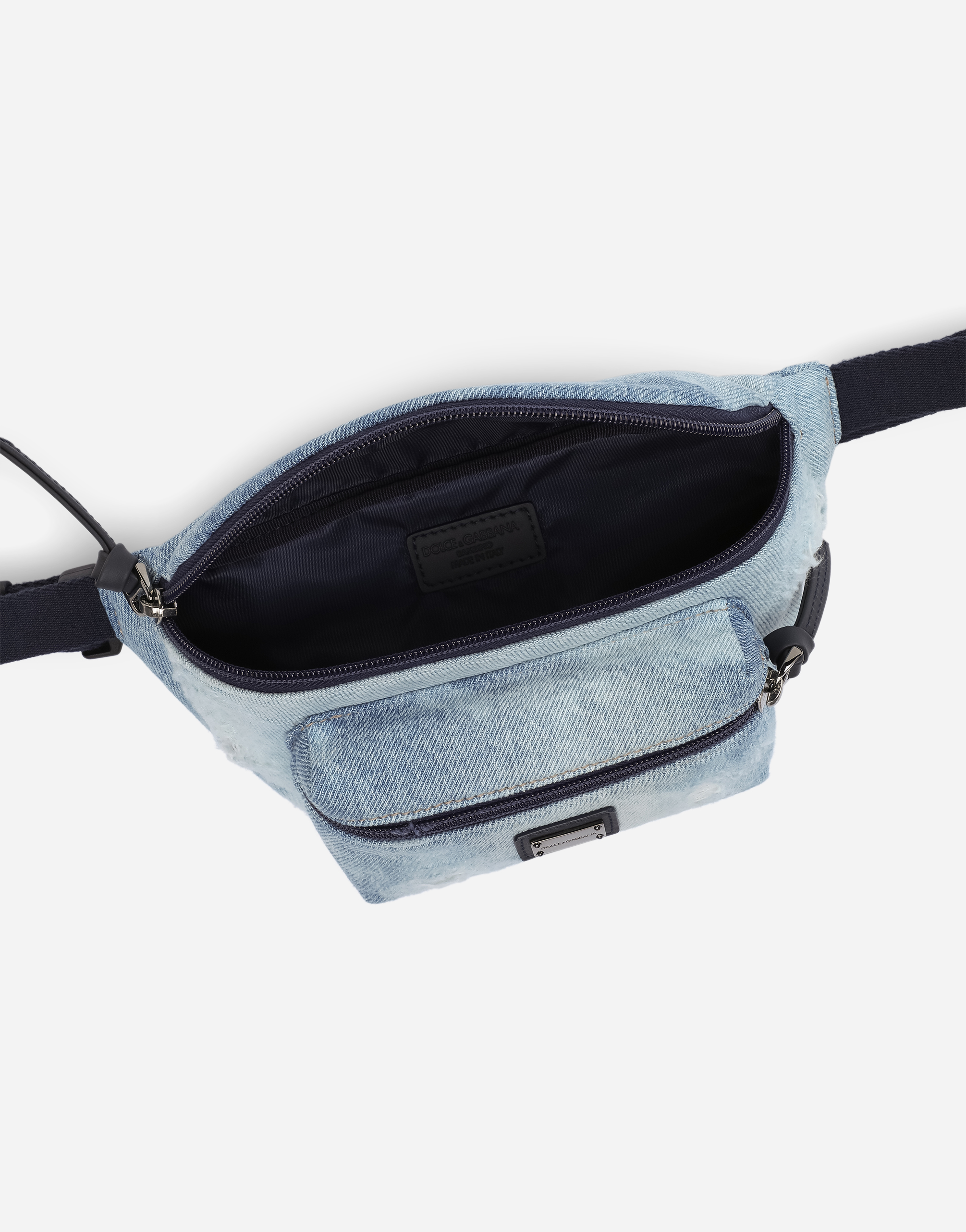 Dolce & Gabbana Washed Denim Belt Bag With Logo Tag In Blue