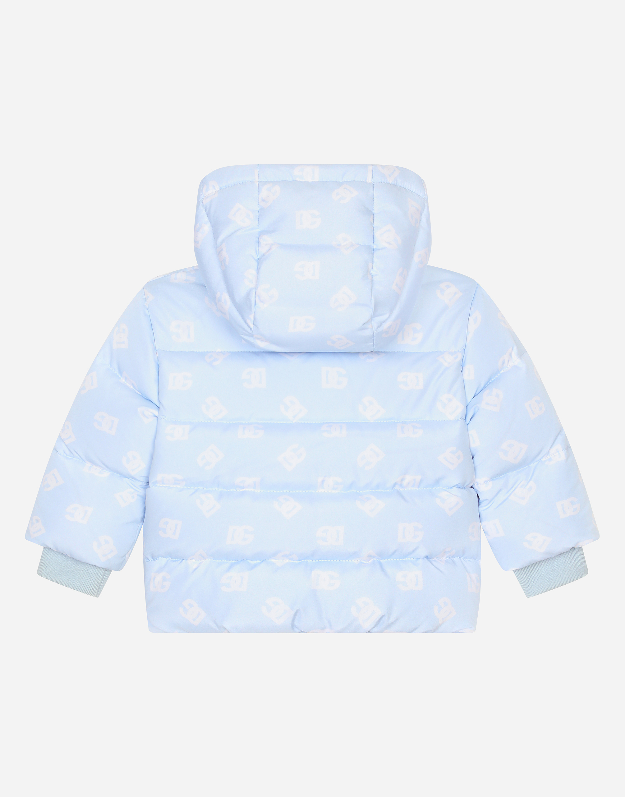 Short nylon down jacket with all-over logo print and DG