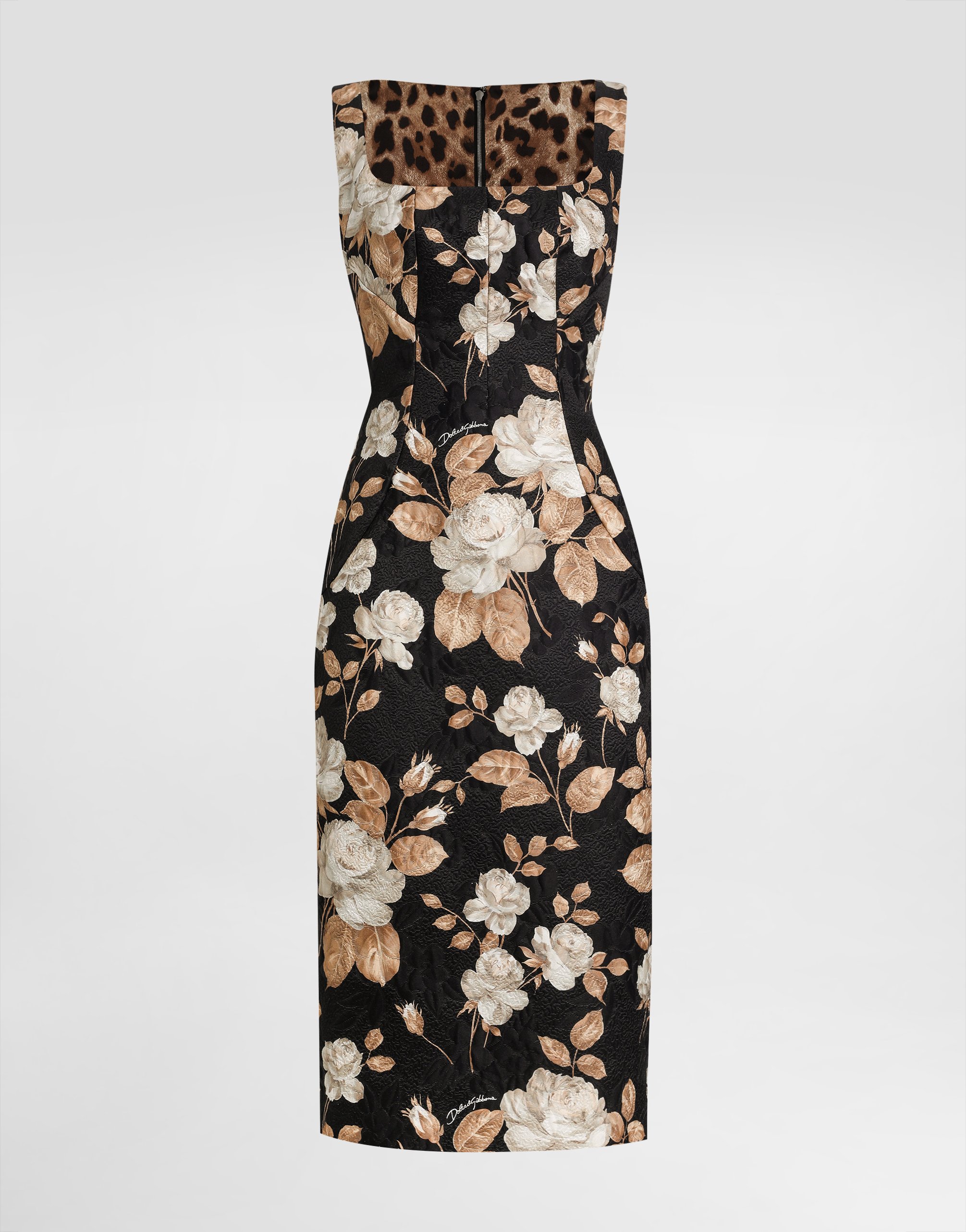 Rose-print brocade dress