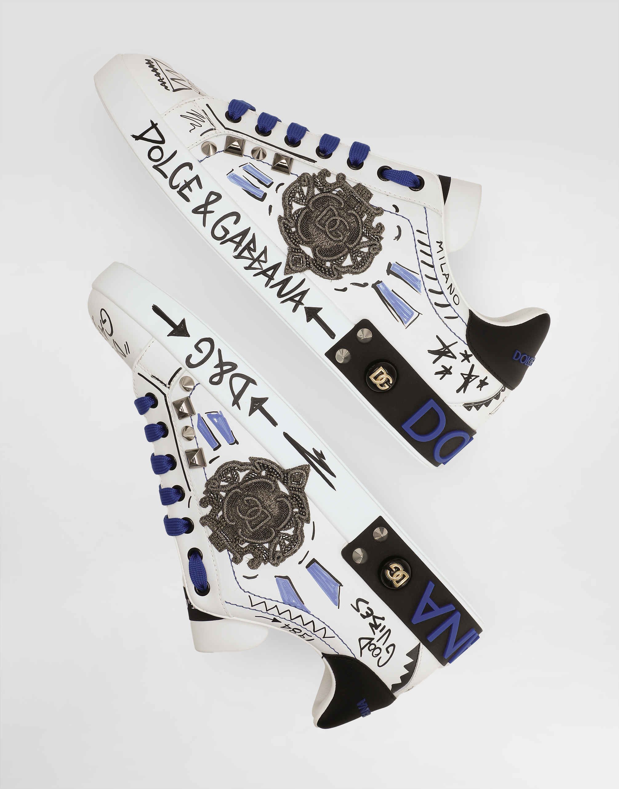 Dolce & Gabbana Calfskin Portofino Sneakers With Embroidery And Studs In Multicolor