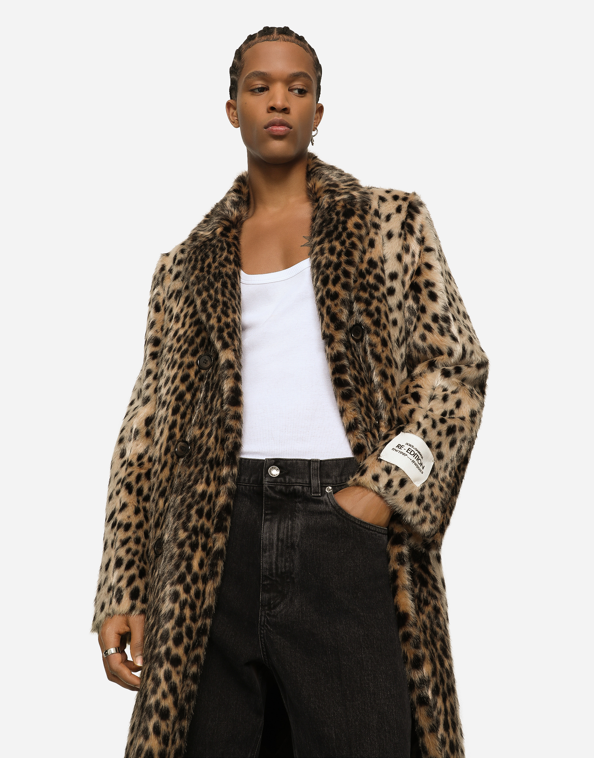 Lynx-effect jacquard faux fur coat