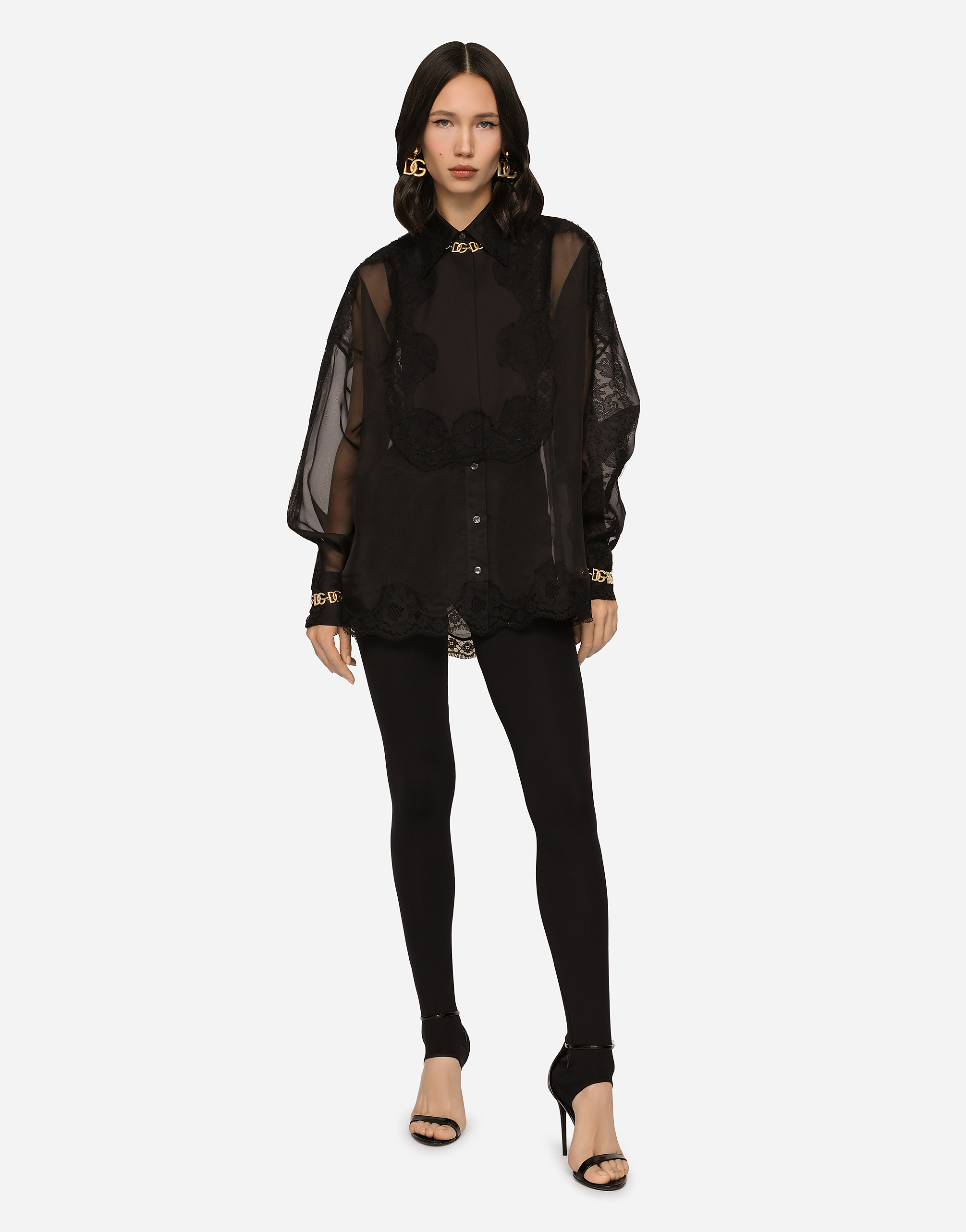 Dolce & Gabbana Organza Tuxedo Shirt With Lace Inserts In Black