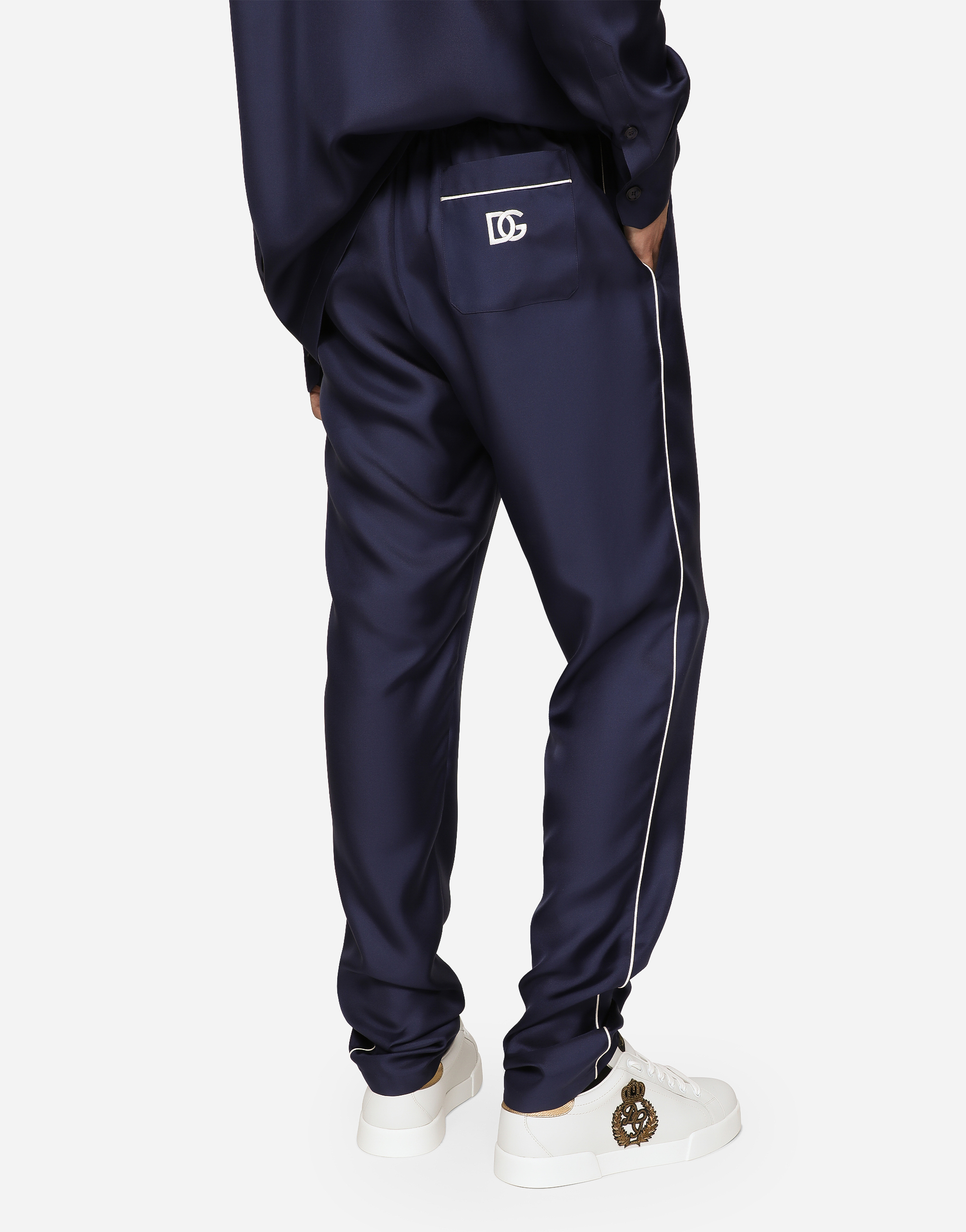 Shop Dolce & Gabbana Silk Jogging Pants With Dg Embroidered Patch In Blue
