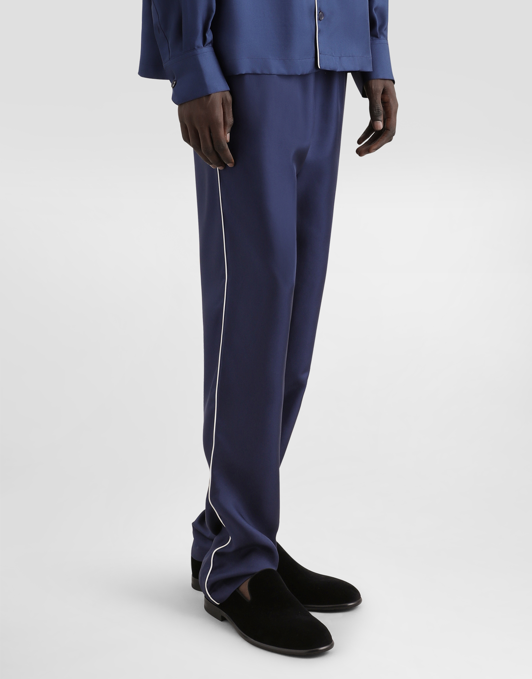 Shop Dolce & Gabbana Silk Jogging Pants With Dg Embroidered Patch In Blue