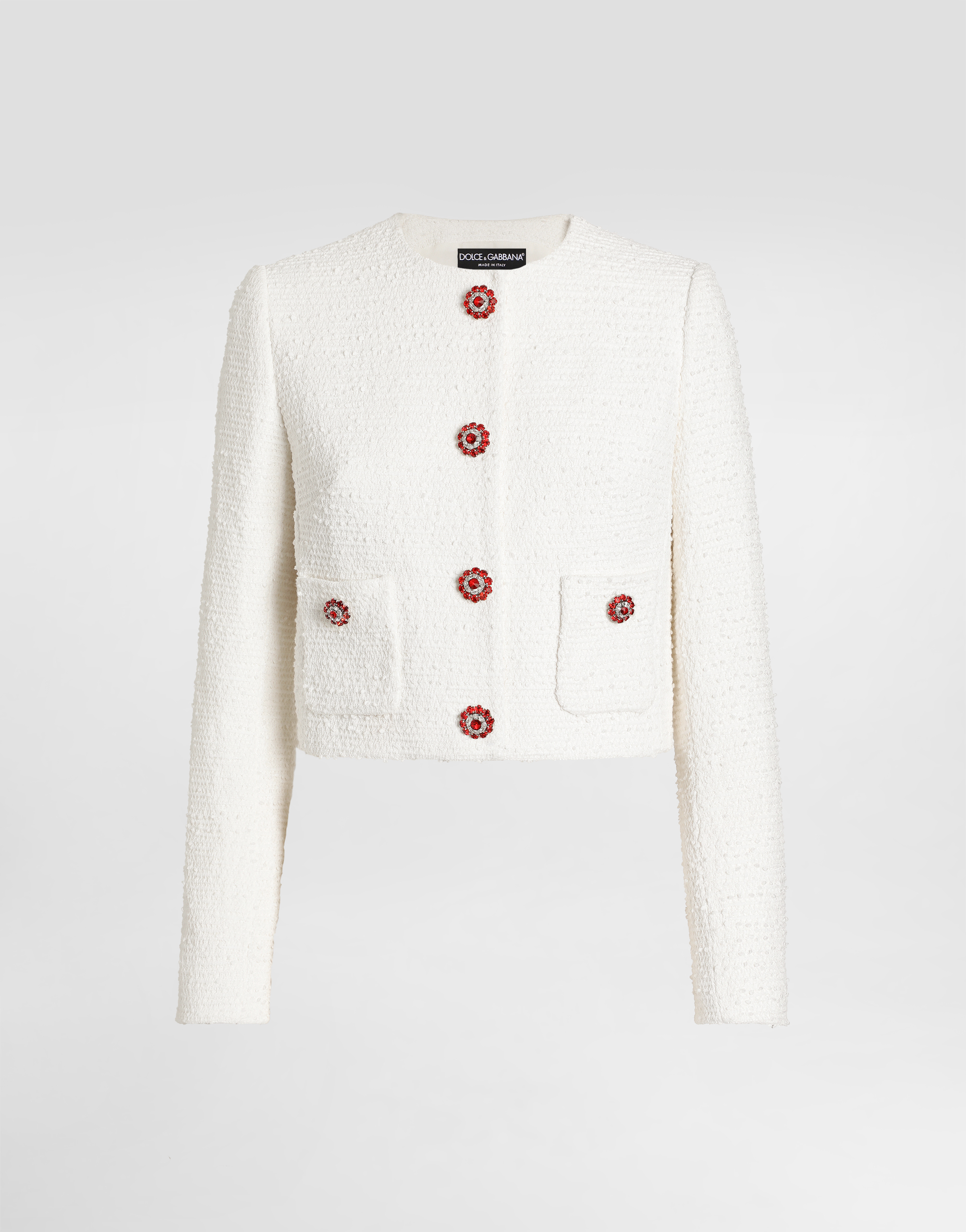 Single-breasted tweed jacket with jewel buttons in White for Women