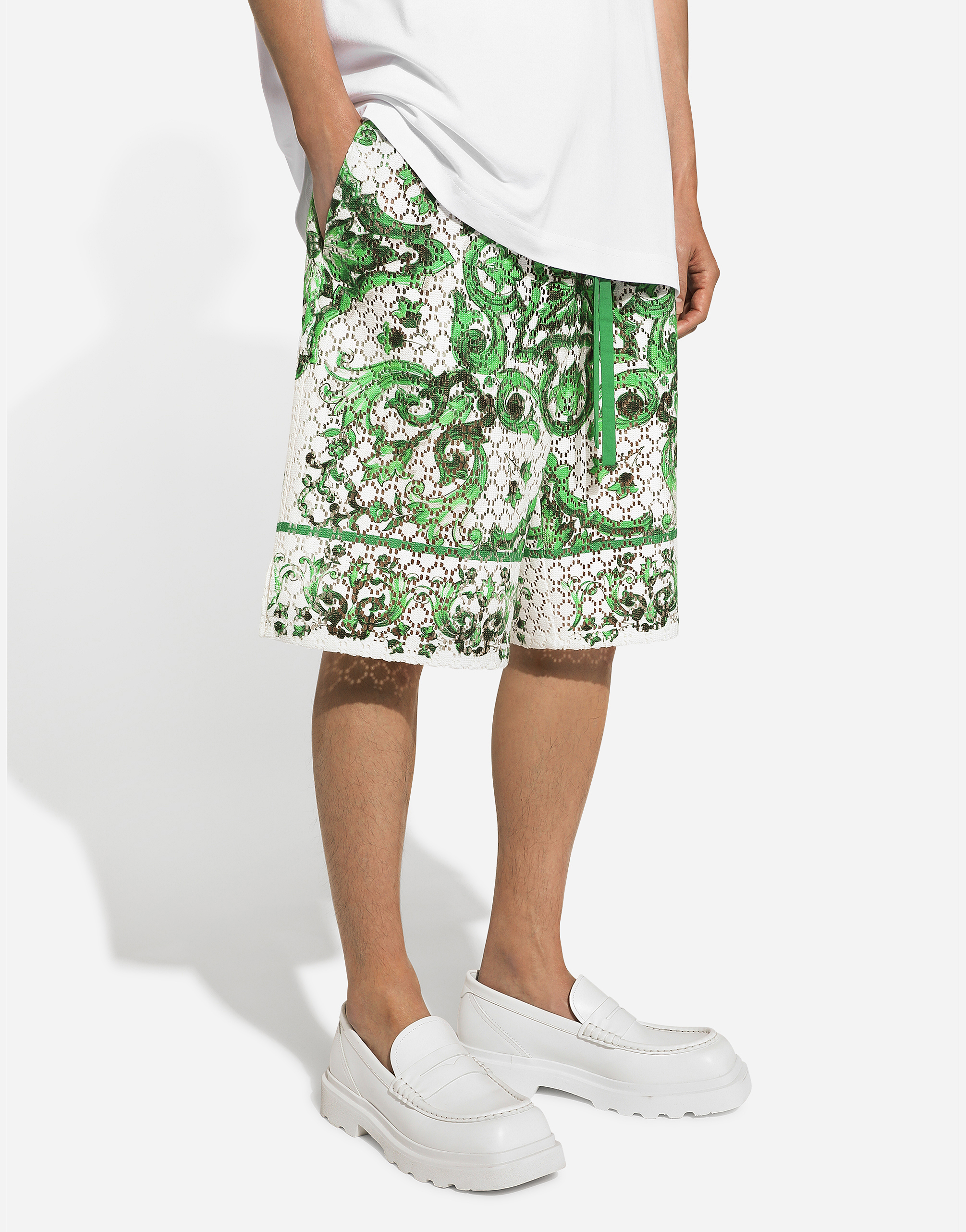 Dolce & Gabbana Crochet Lace Jogging Shorts With Majolica Print In Green