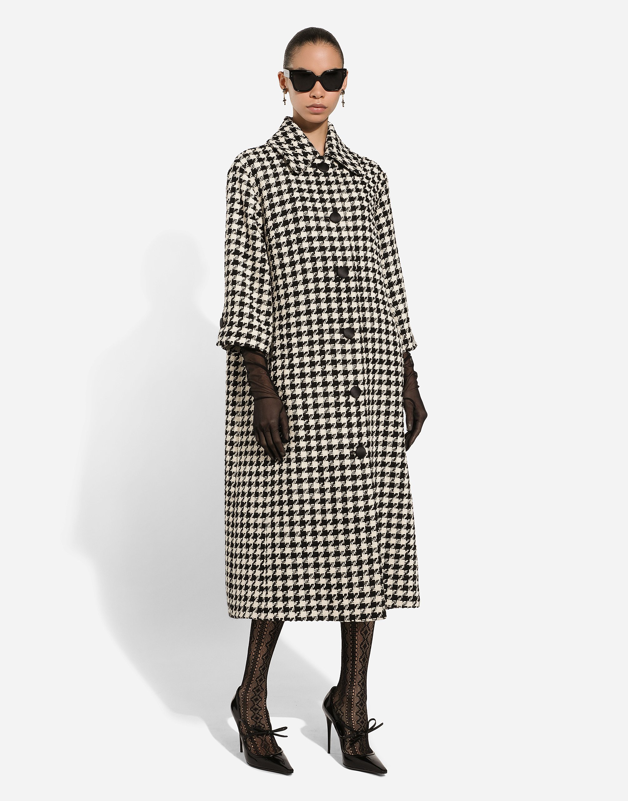 Single-breasted macro-houndstooth wool coat