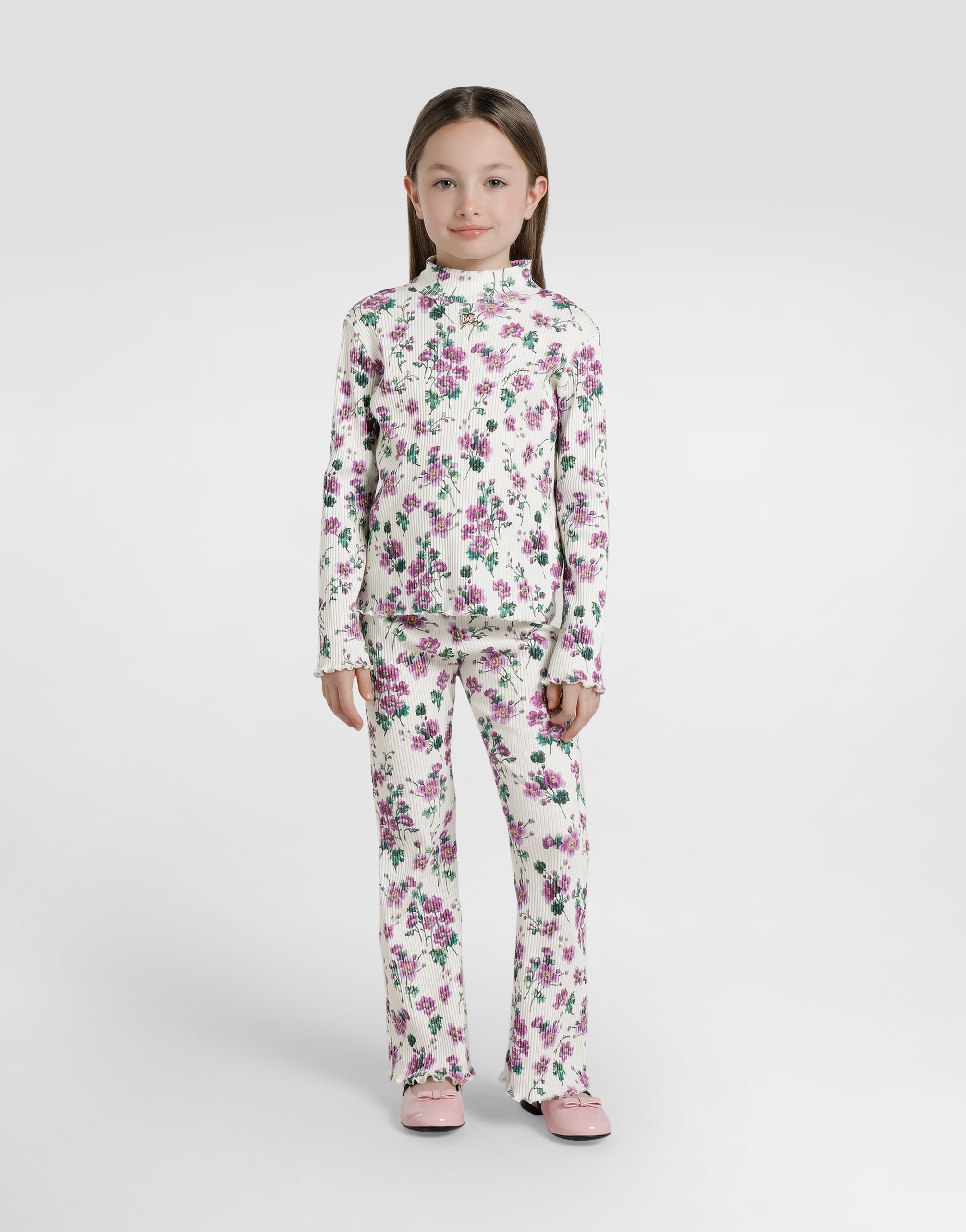 Dolce & Gabbana Ribbed Turtleneck With Violets-print In Multi