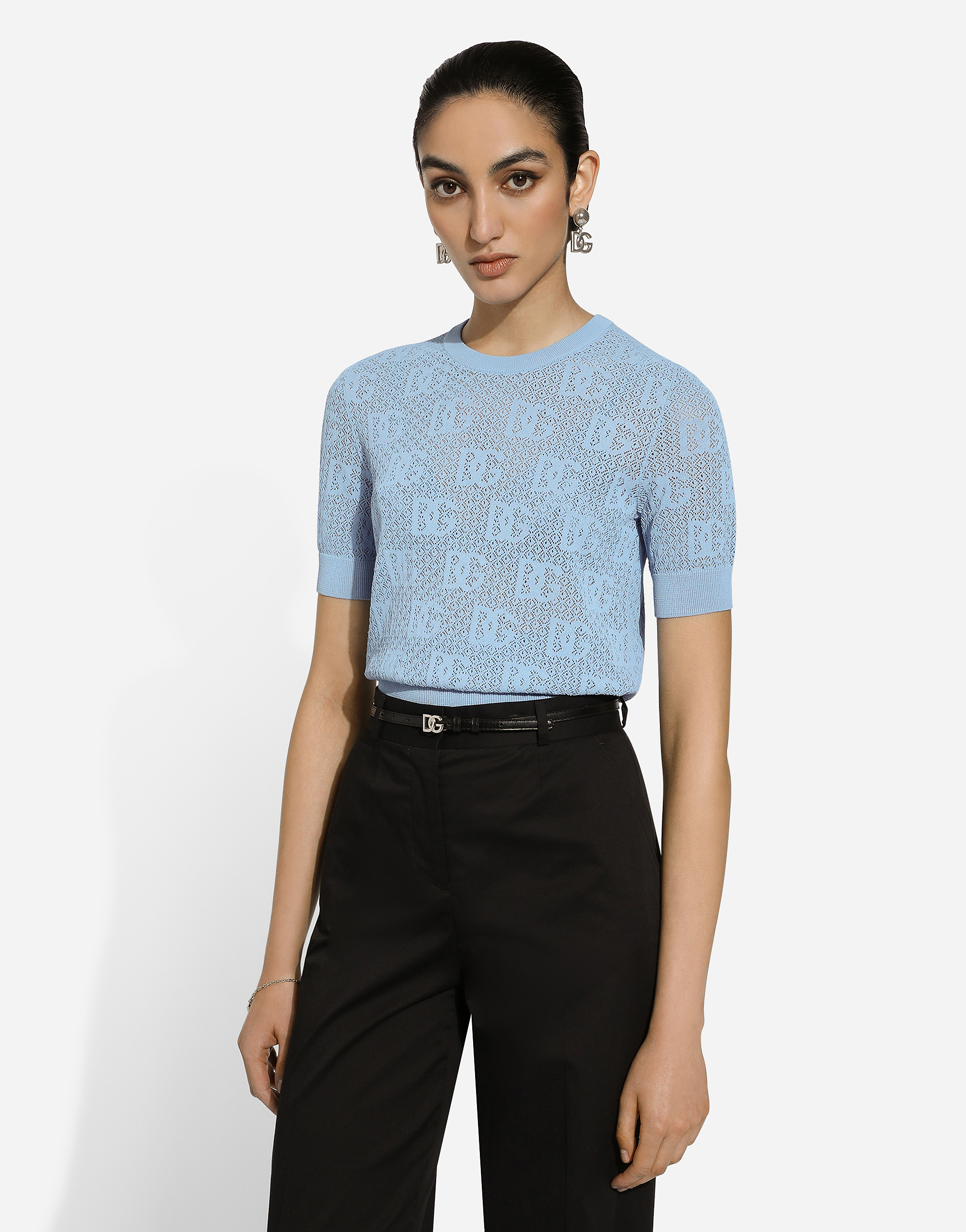 Dolce & Gabbana Lace-stitch Viscose Sweater With Jacquard Dg Logo In Azure