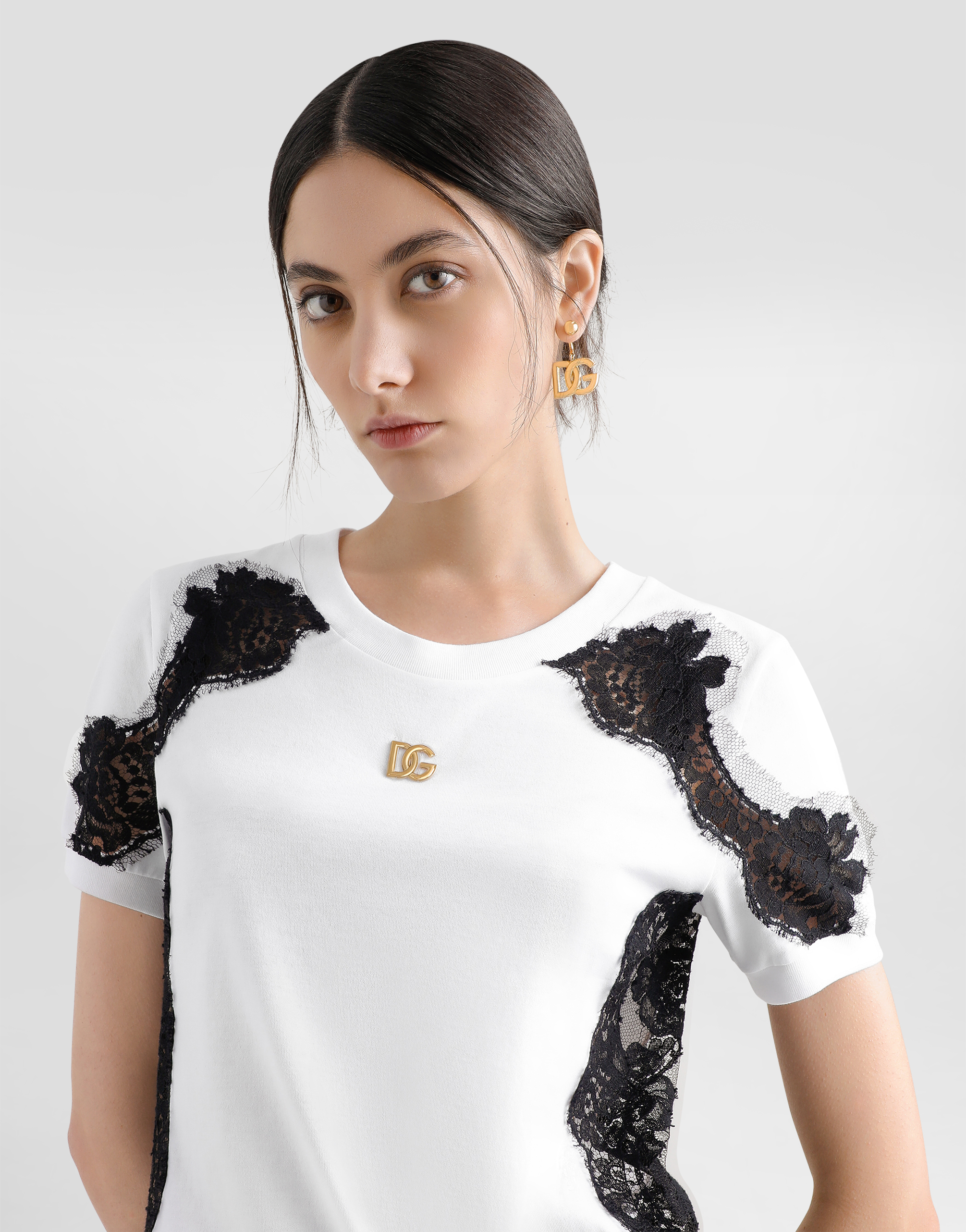 DOLCE & GABBANA JERSEY T-SHIRT WITH DG LOGO AND LACE DETAILS