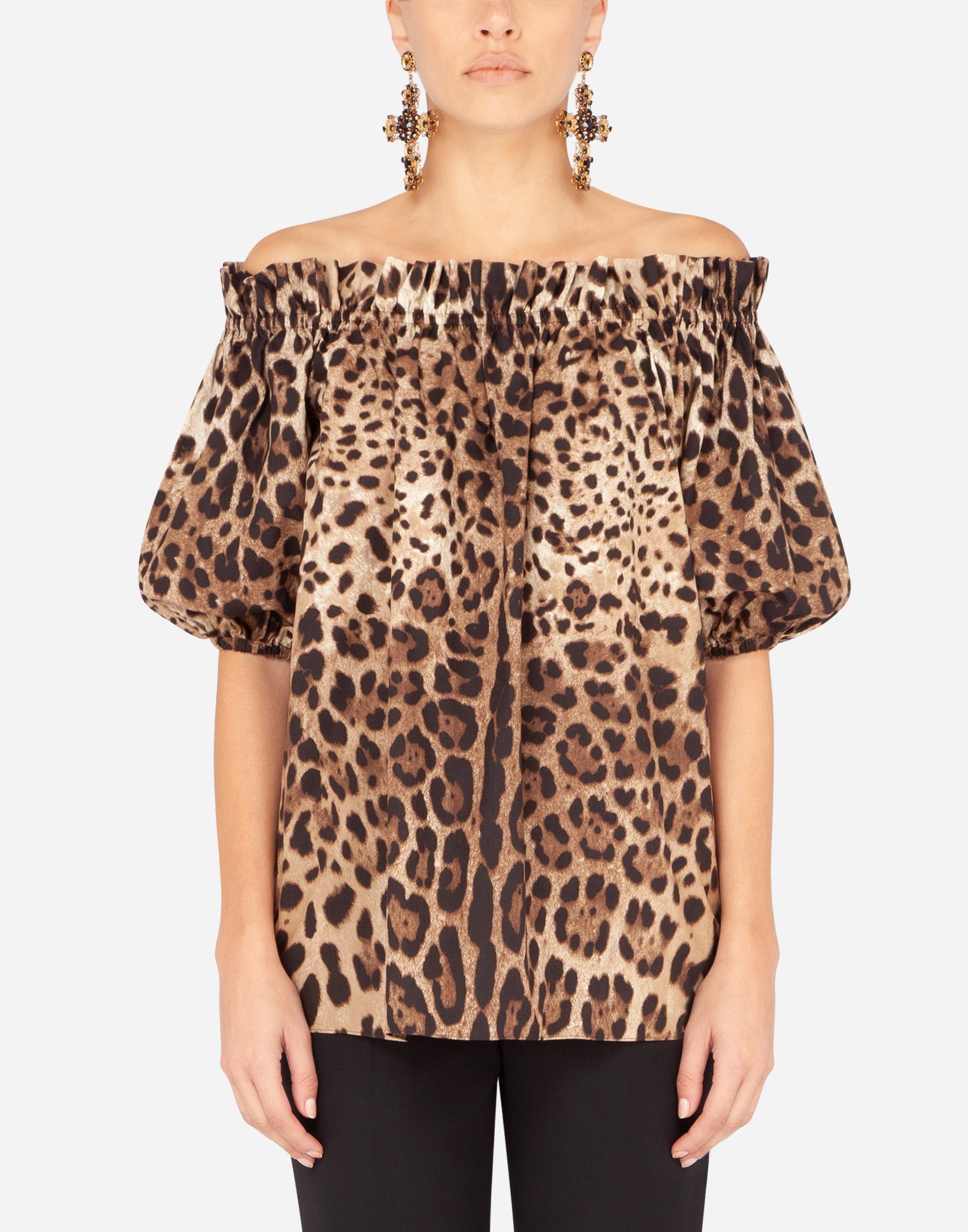 Short-sleeved leopard-print poplin top