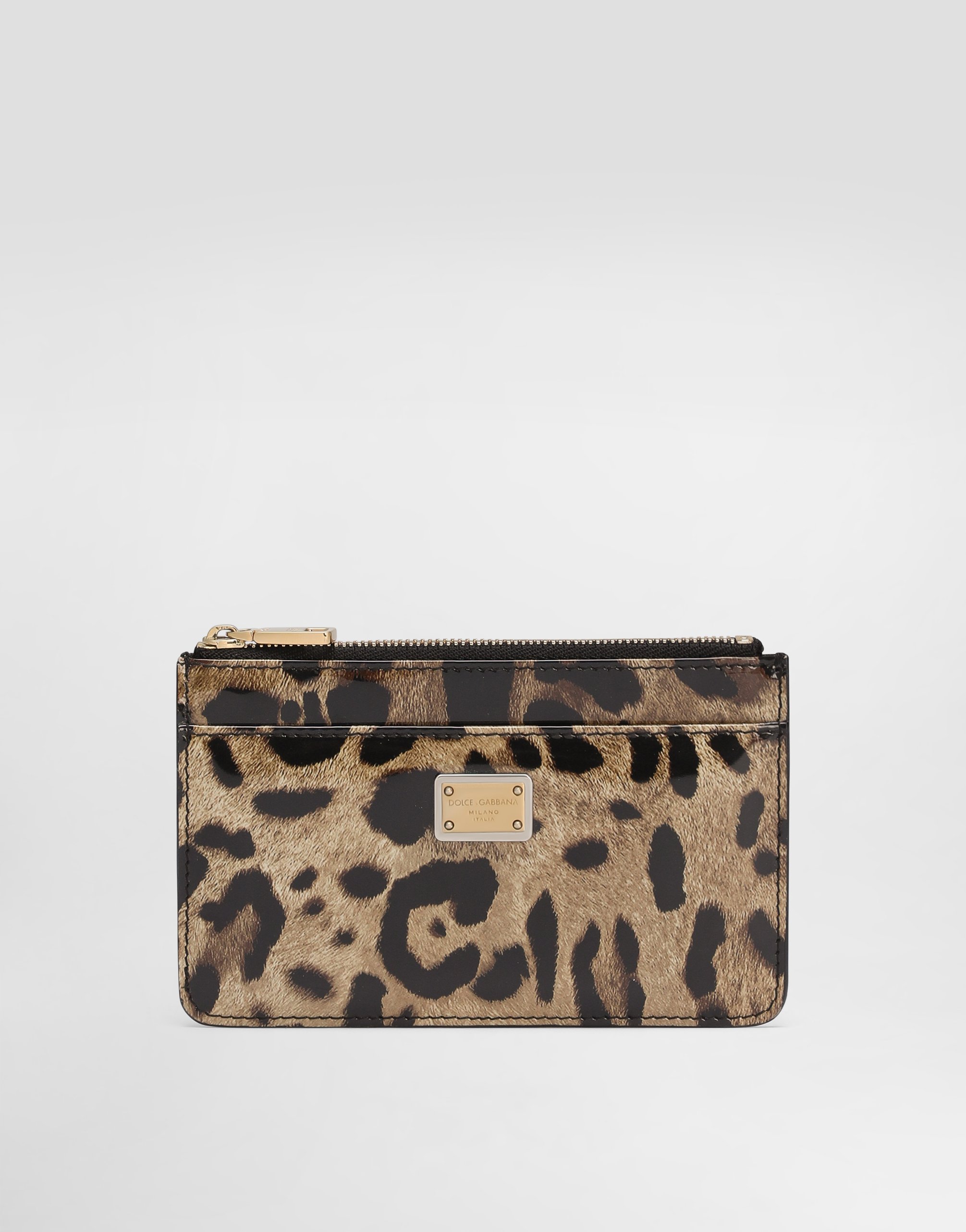 Medium leopard-print polished calfskin card holder with zipper