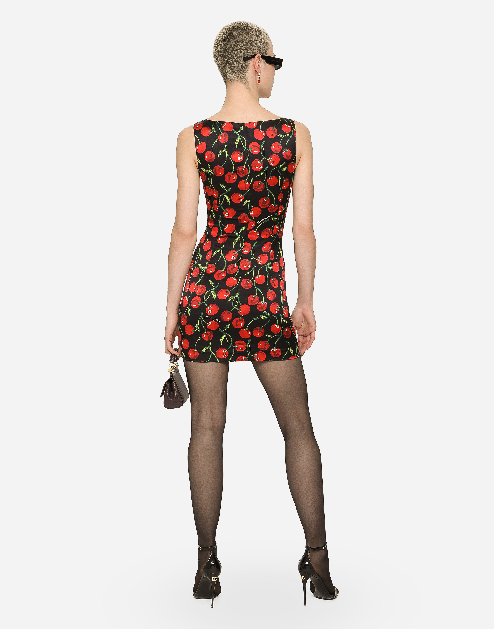 Shop Dolce & Gabbana Short Cherry-print Satin Dress In Multicolor