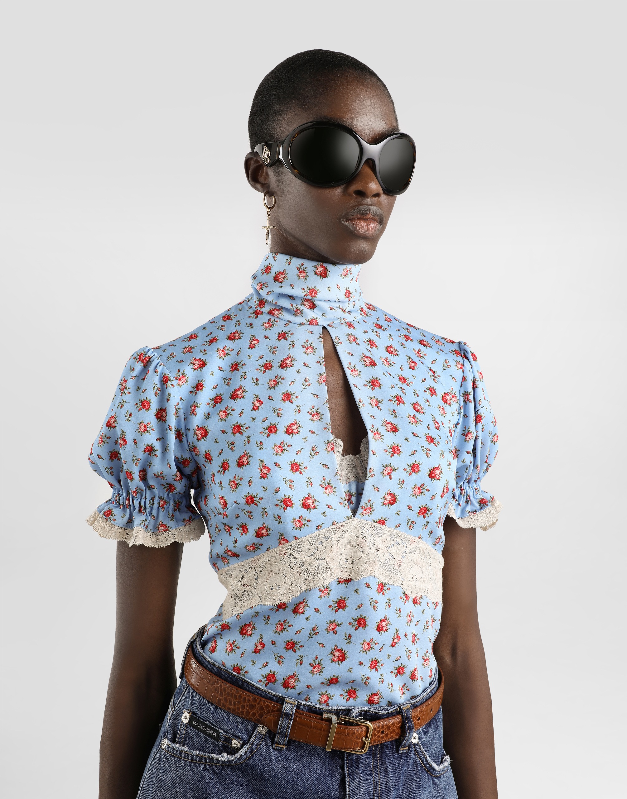 Dolce & Gabbana Dolce  Gabbana Small Rose-printed Charmeuse Top In Multi