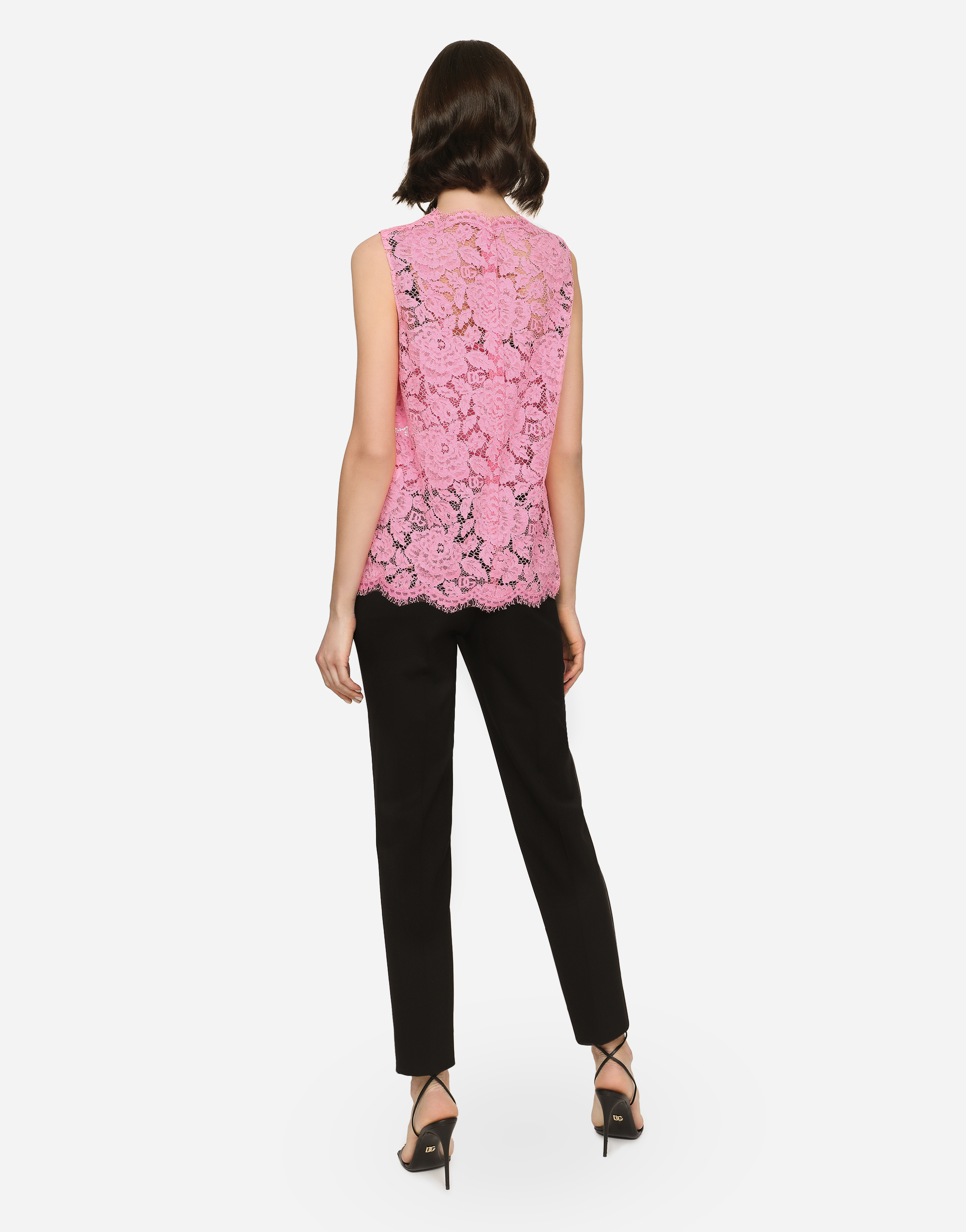 Dolce & Gabbana Pink Sleeveless Top In Branded Stretch Lace In Pink