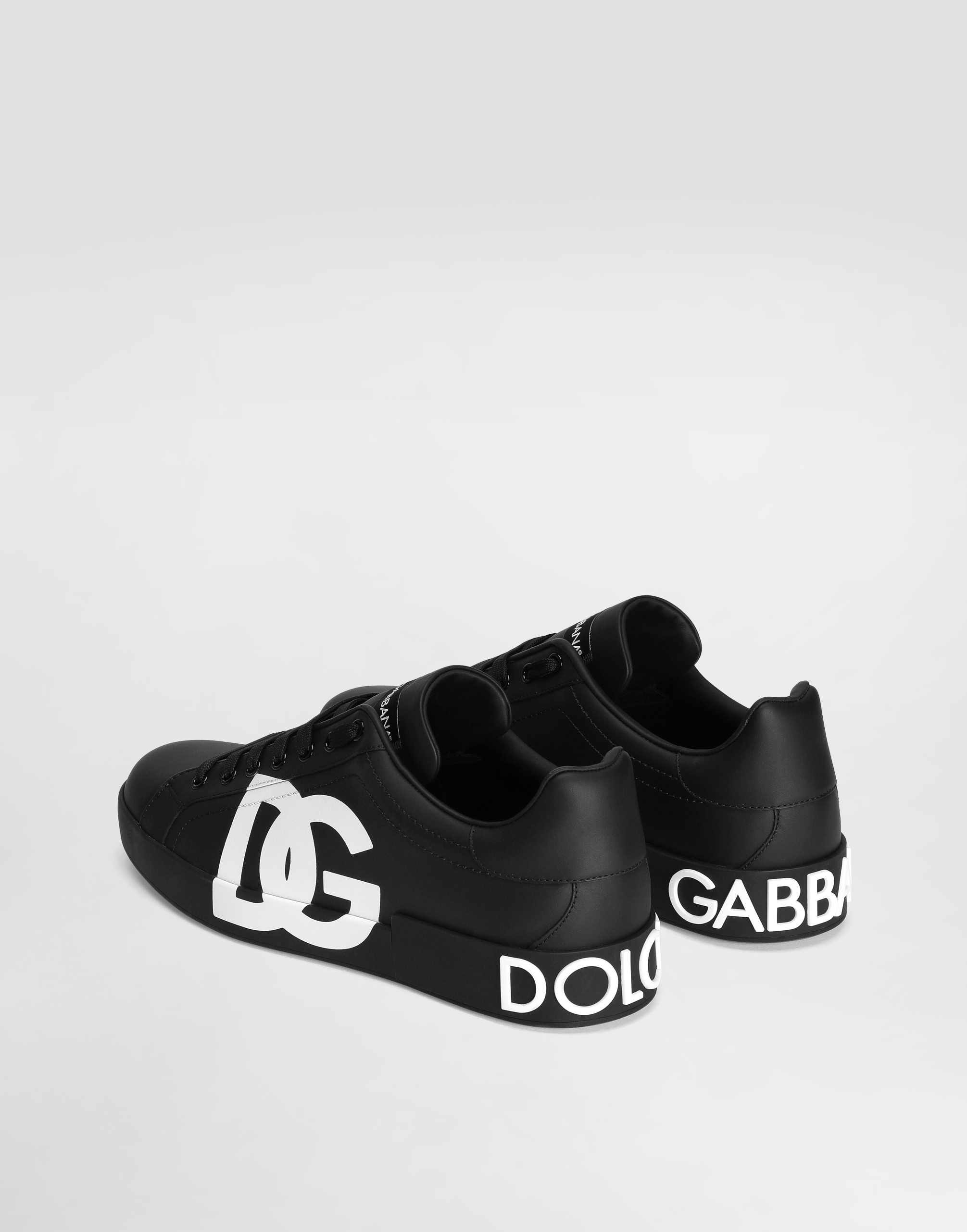 Shop Dolce & Gabbana Calfskin Nappa Portofino Sneakers With Dg Logo Print In Black