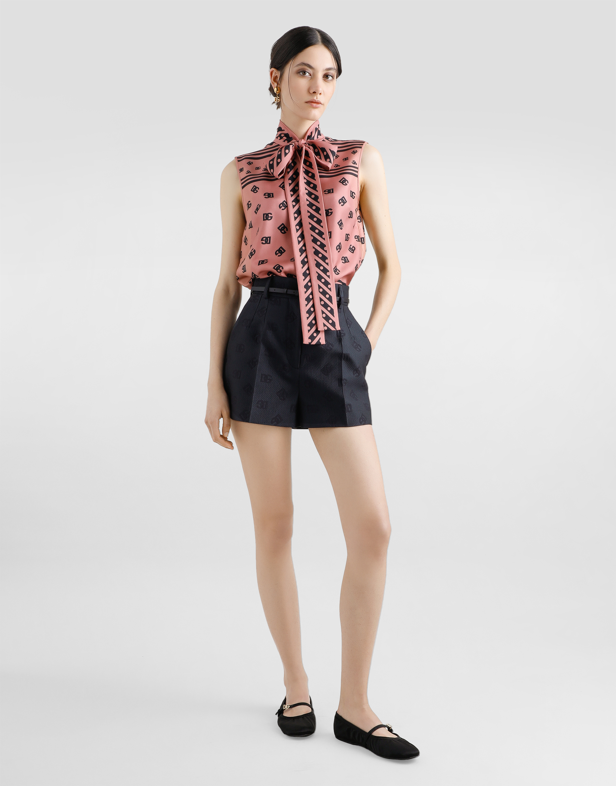 Dolce & Gabbana Silk Foulard Print Dg Allover Logo Bow Top