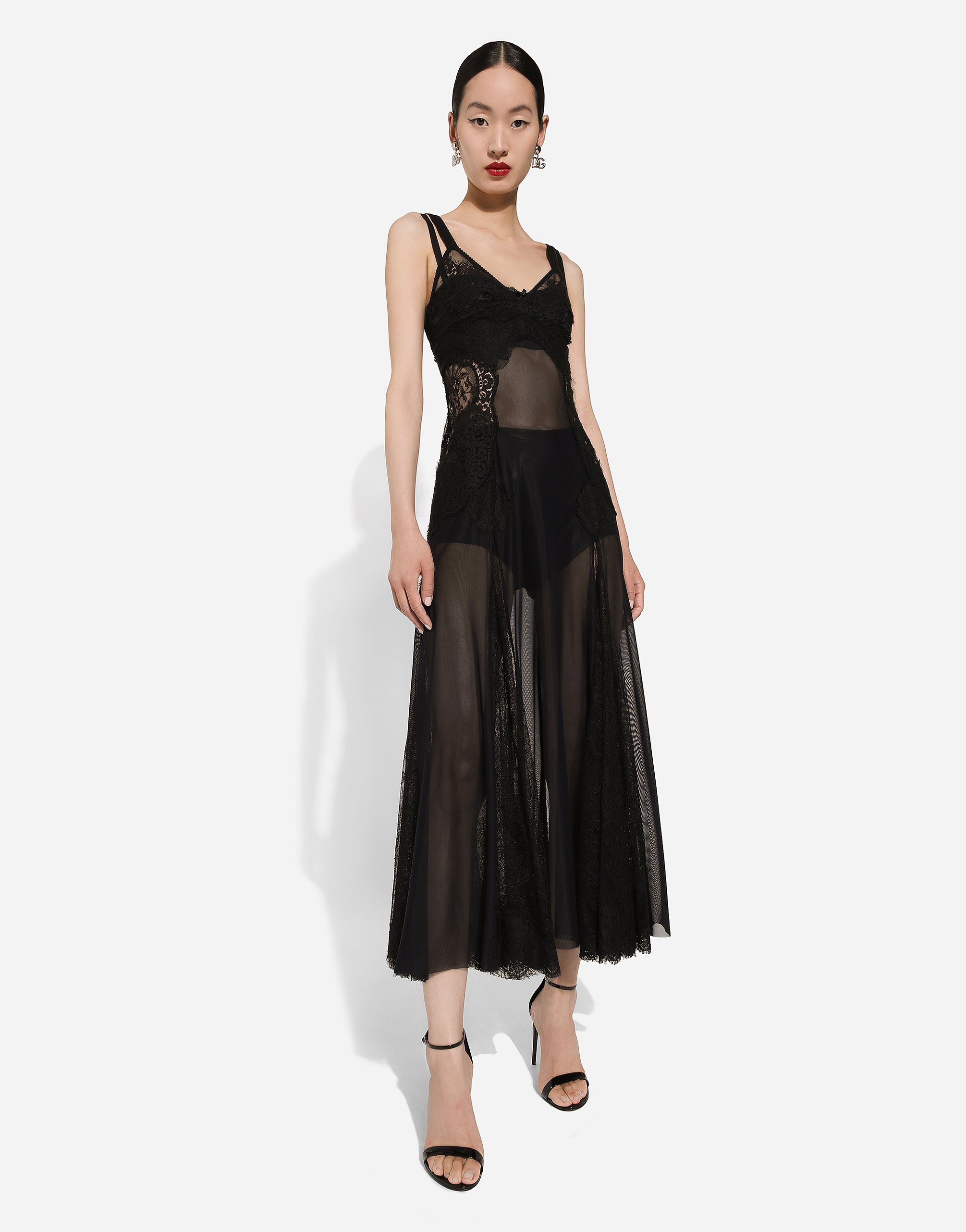 Dolce & Gabbana Lace-insert Flared Midi Dress In Black