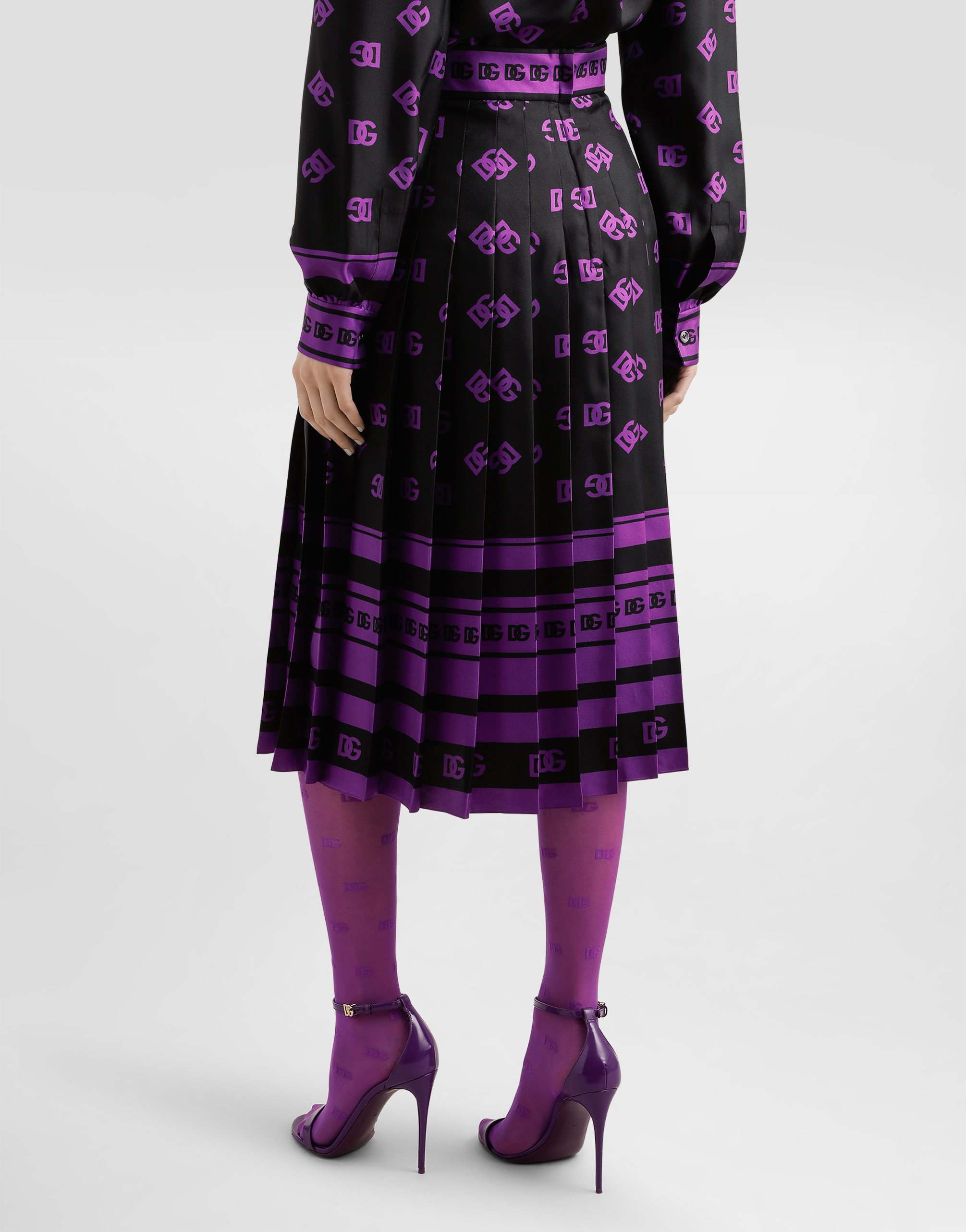 DG logo-print long pleated silk skirt