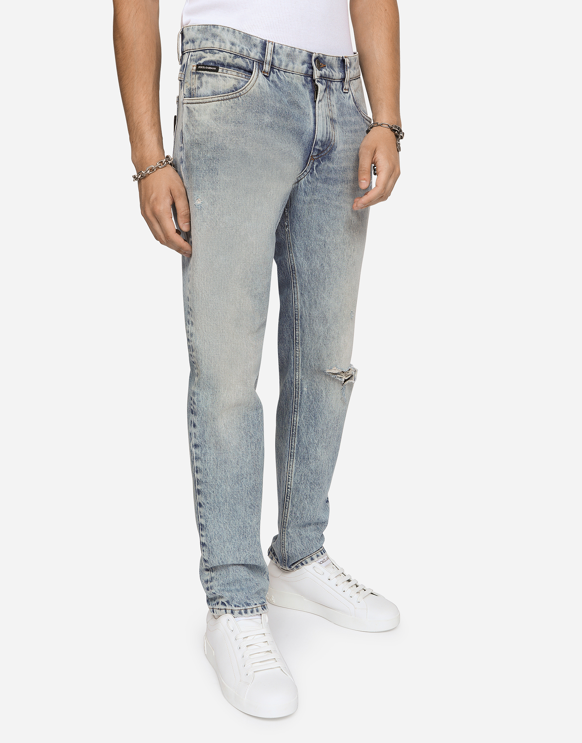 DOLCE & GABBANA LIGHT BLUE REGULAR-FIT STRETCH JEANS WITH RIPS
