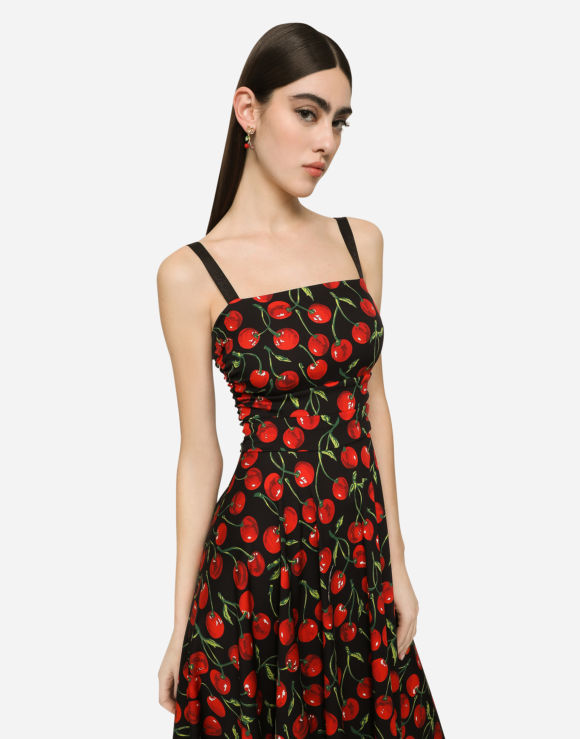 DOLCE & GABBANA CHERRY-PRINT CHARMEUSE CALF-LENGTH DRESS