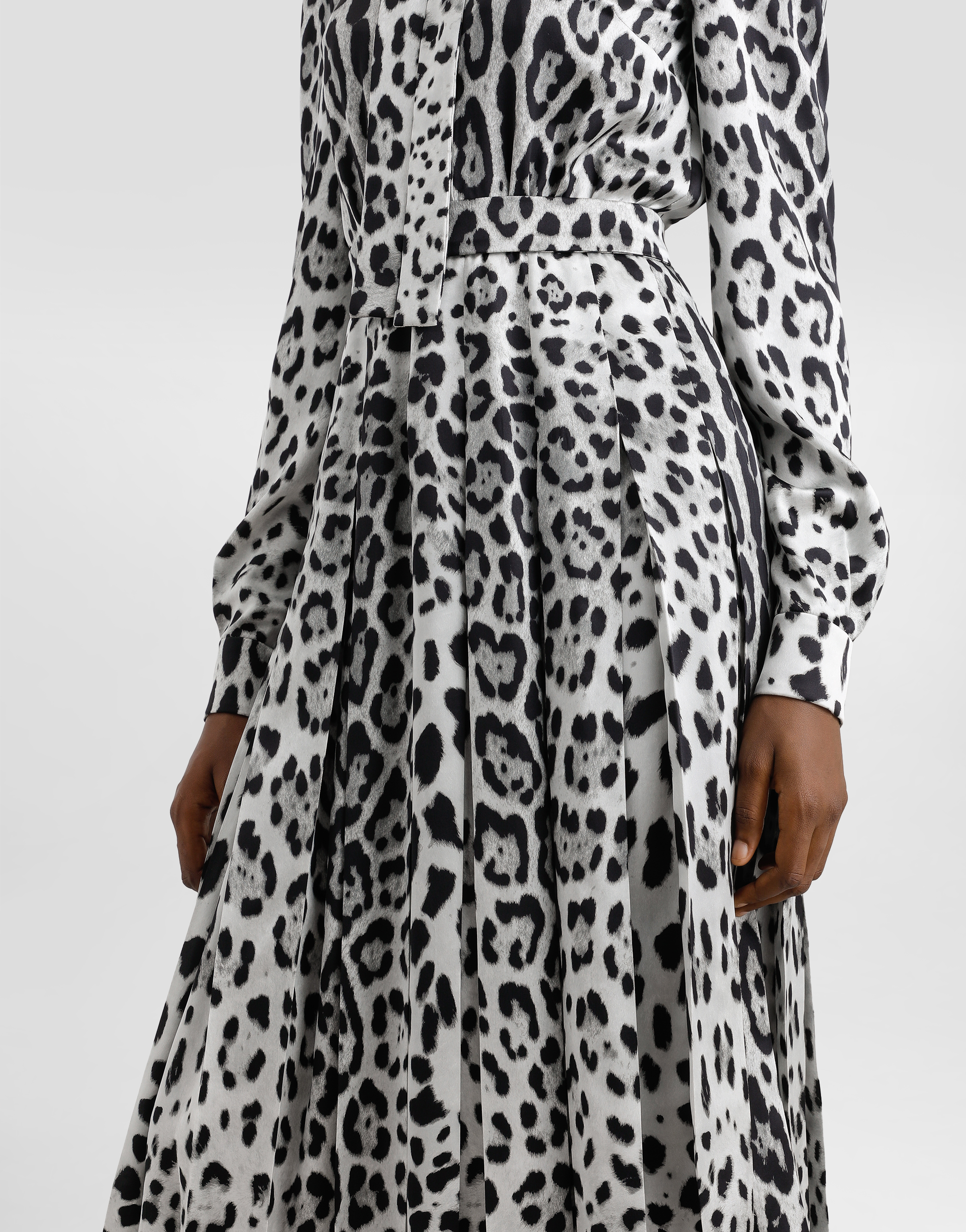 Dolce & Gabbana Satin Calf-length Shirt Dress With Pussy-bow And Leopard Print In Print