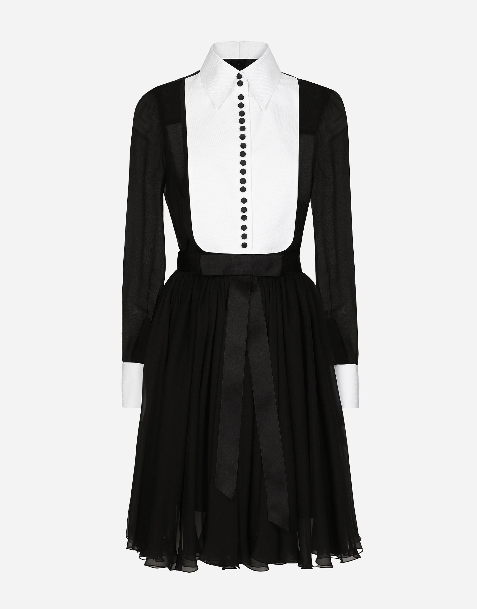Chiffon midi shirt dress with piqué cuffs and shirt front in