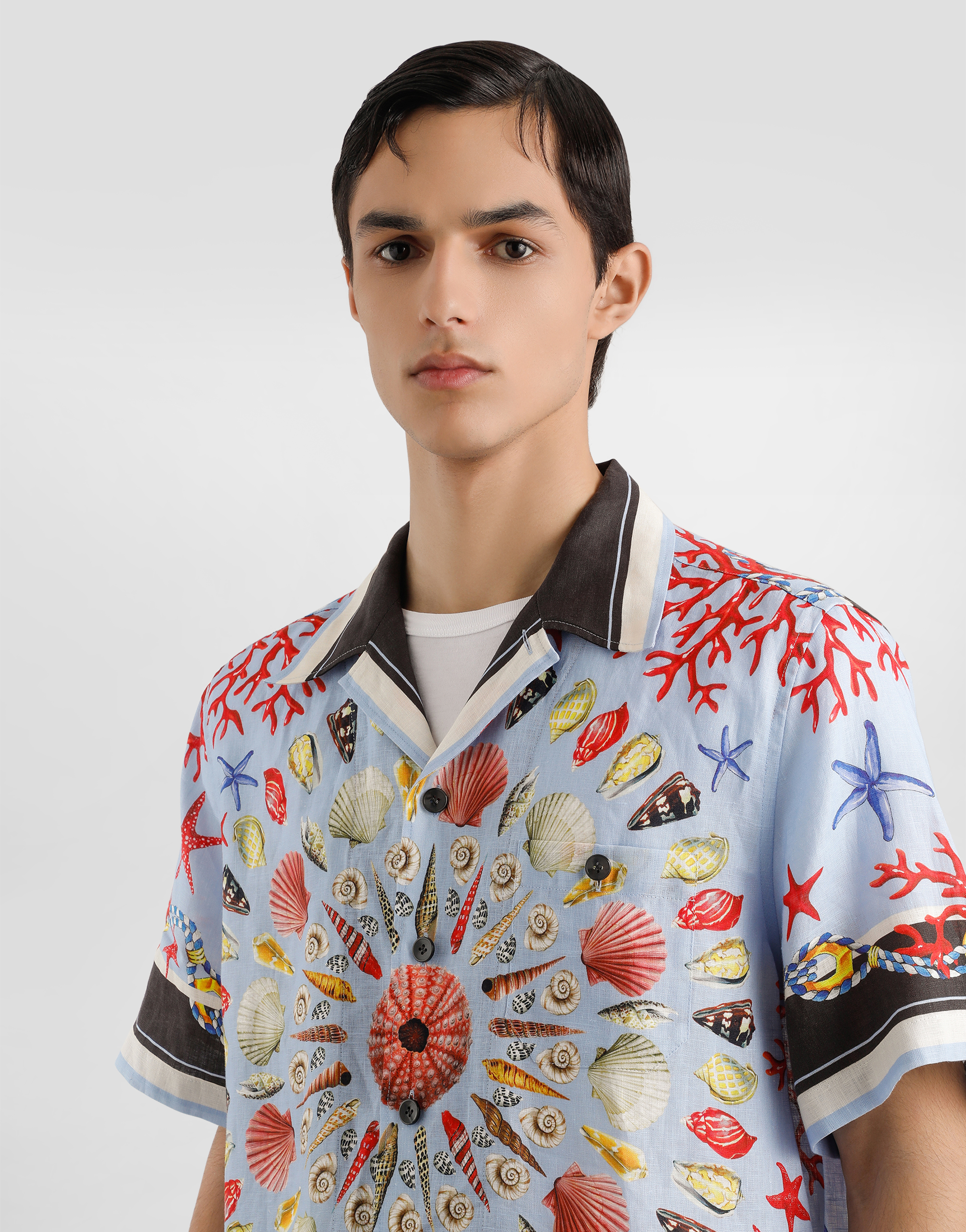Dolce & Gabbana Multicolor Bowling Shirt With Cuban Collar And All-over Print In Linen Man In Blue