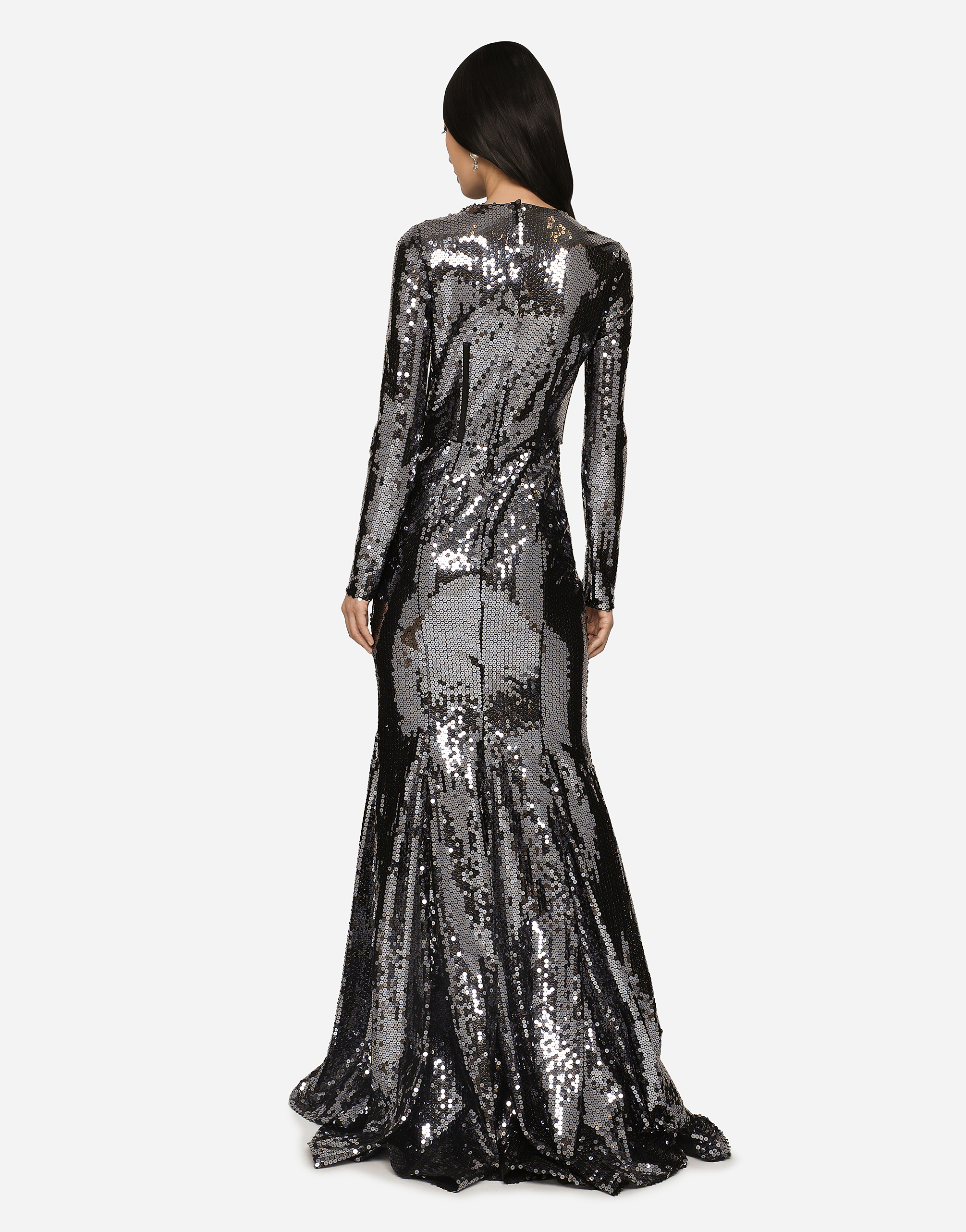 Dolce & Gabbana Long Sequined Dress With Corset Detailing In Grey