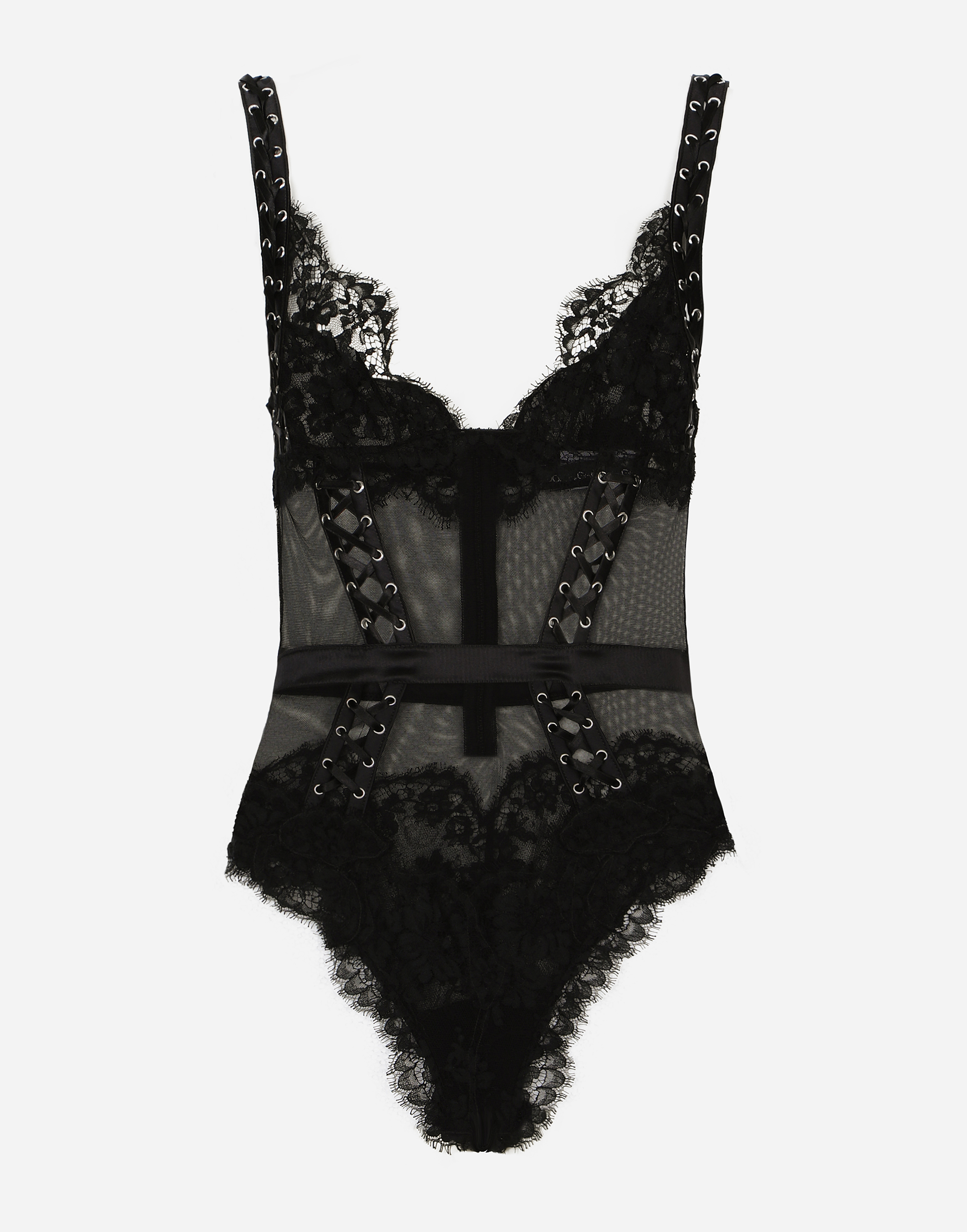 Dolce & Gabbana Lace And Tulle Bodysuit With Lacing And Eyelets In ブラック