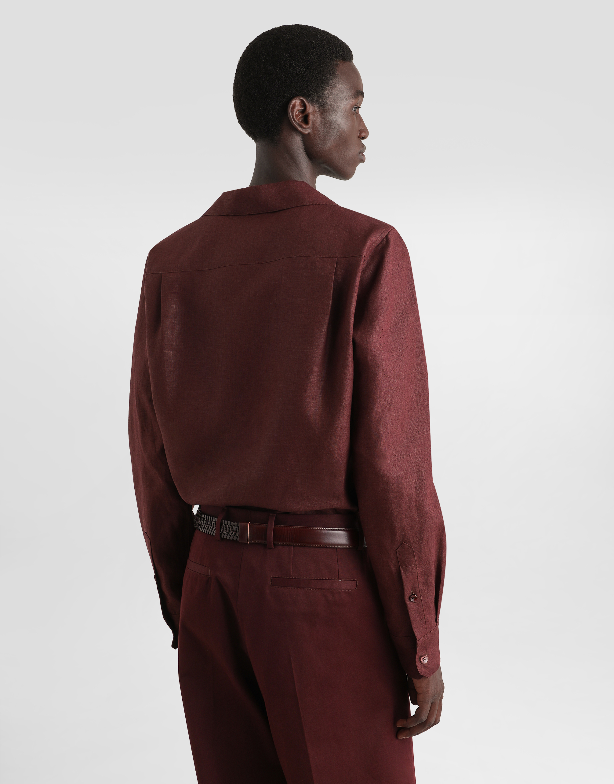 Dolce & Gabbana Long-sleeved V-neck Shirt In Linen Fabric In Multicolor