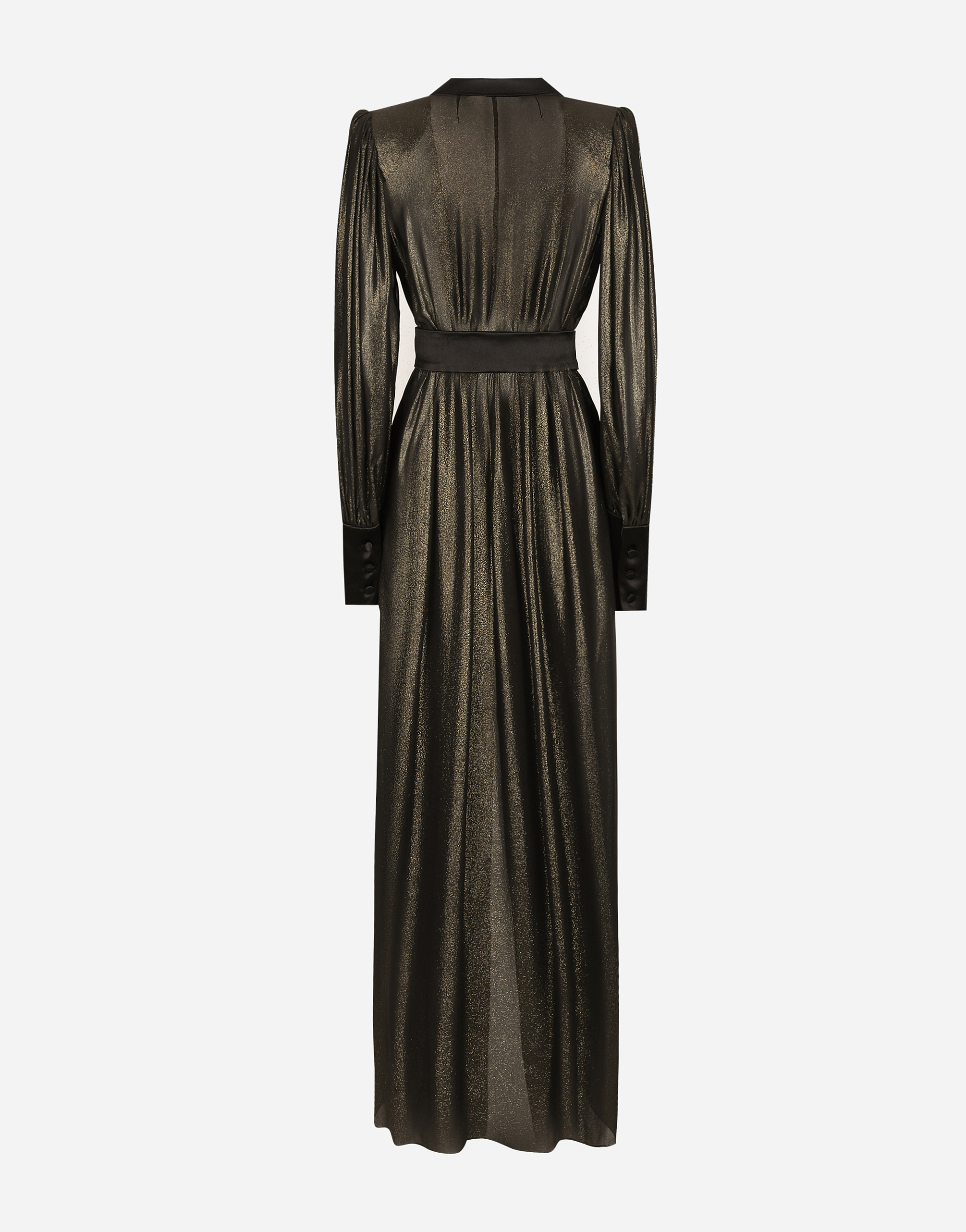 Dolce & Gabbana Long Foiled Silk Georgette Tuxedo Dress In Gold